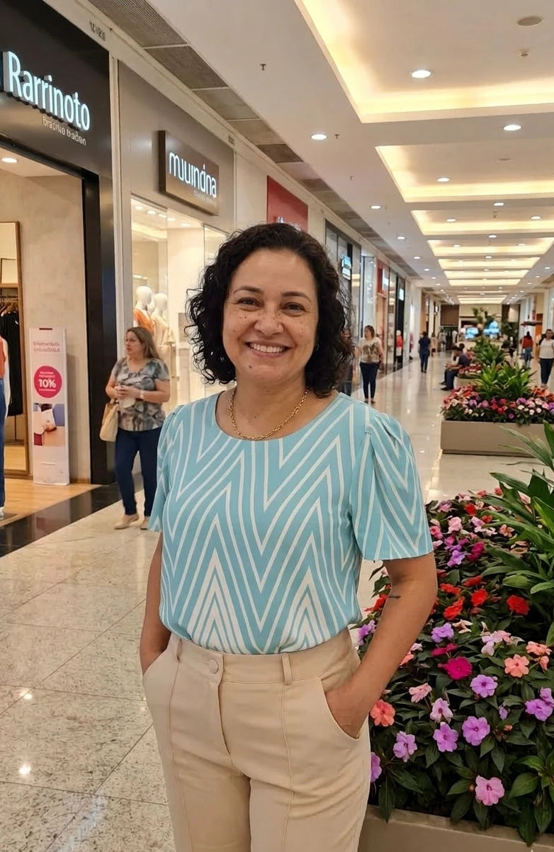 Blusa Manga Curta Crepe Classic Estampa Chevron Claudia Ciano