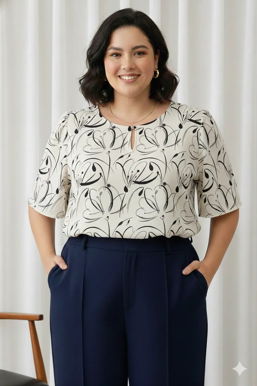 Blusa Manga Curta Transpassada Celina Estampada Preta