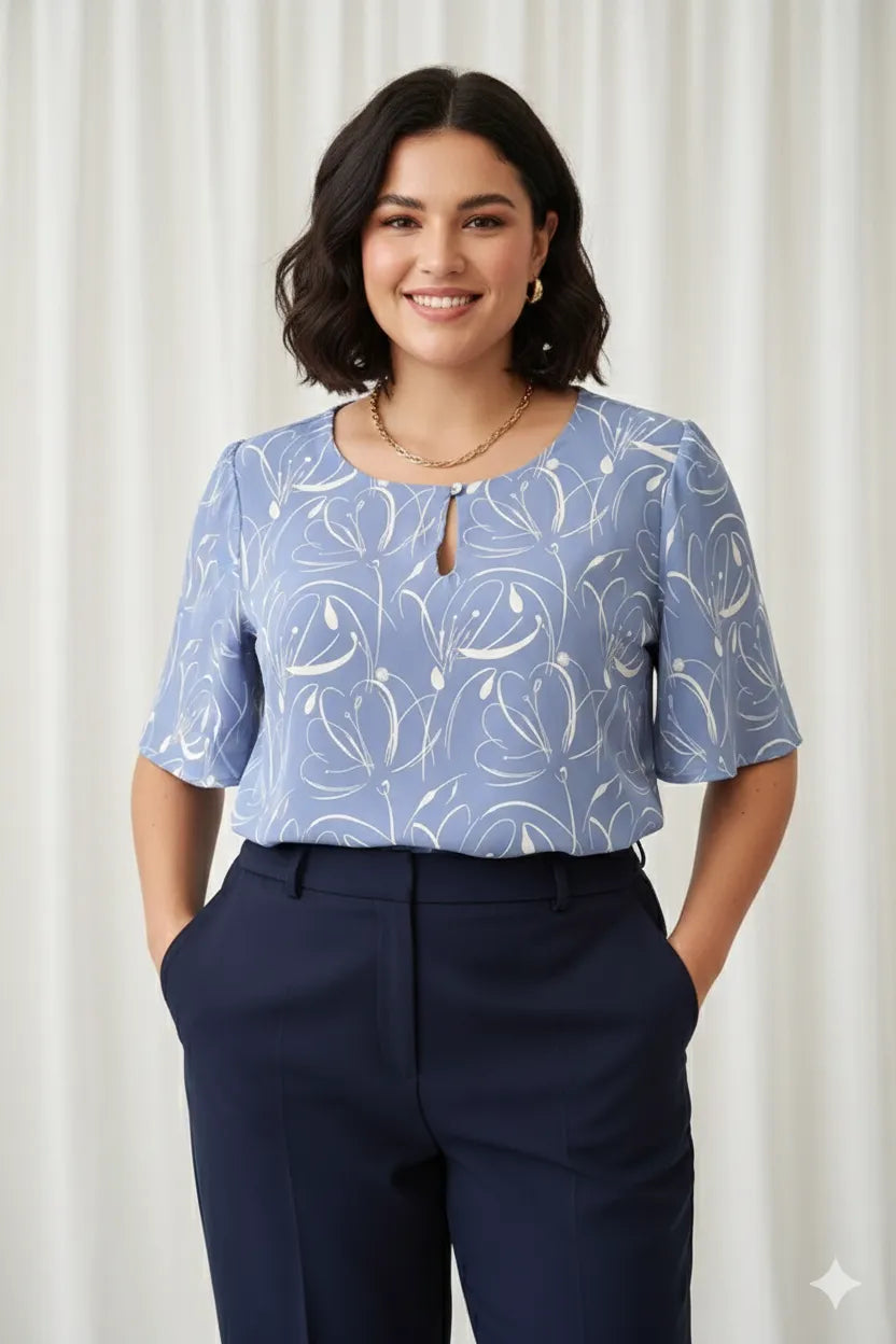 Blusa Manga Curta Transpassada Celina Estampada Azul