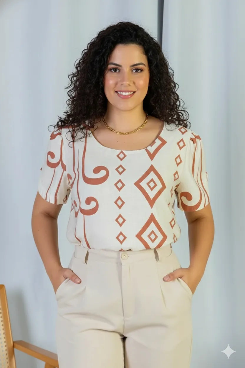 Blusa Manga Curta Detalhe Botão Vânia Estampada Terracota