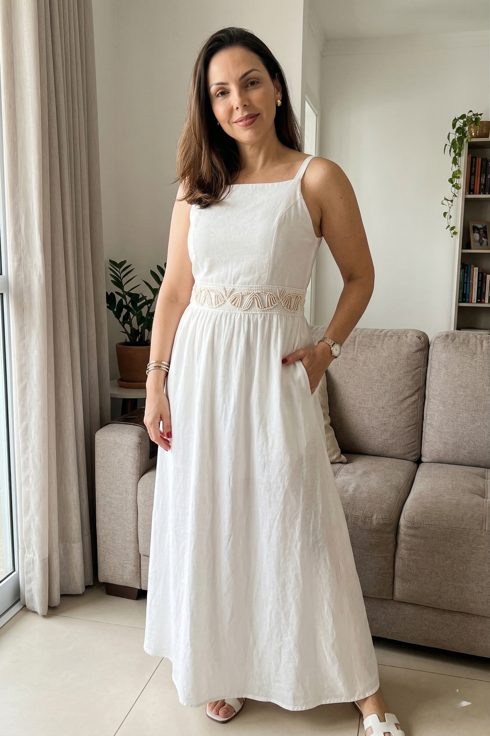 Vestido Midi Alças Detalhe Bordado Crepe Brise Lorena Branco
