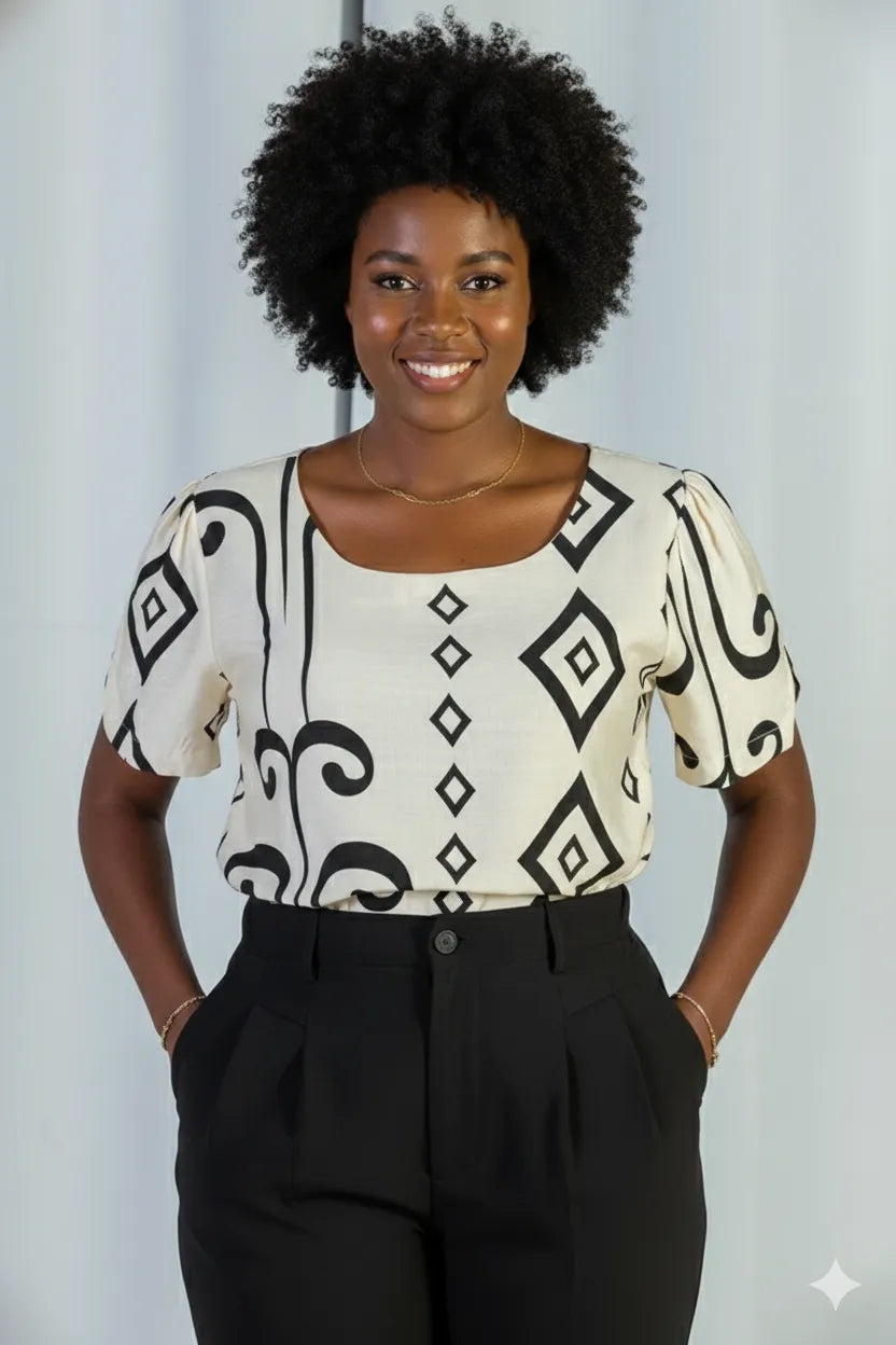 Blusa Manga Curta Detalhe Botão Vânia Estampada Preta