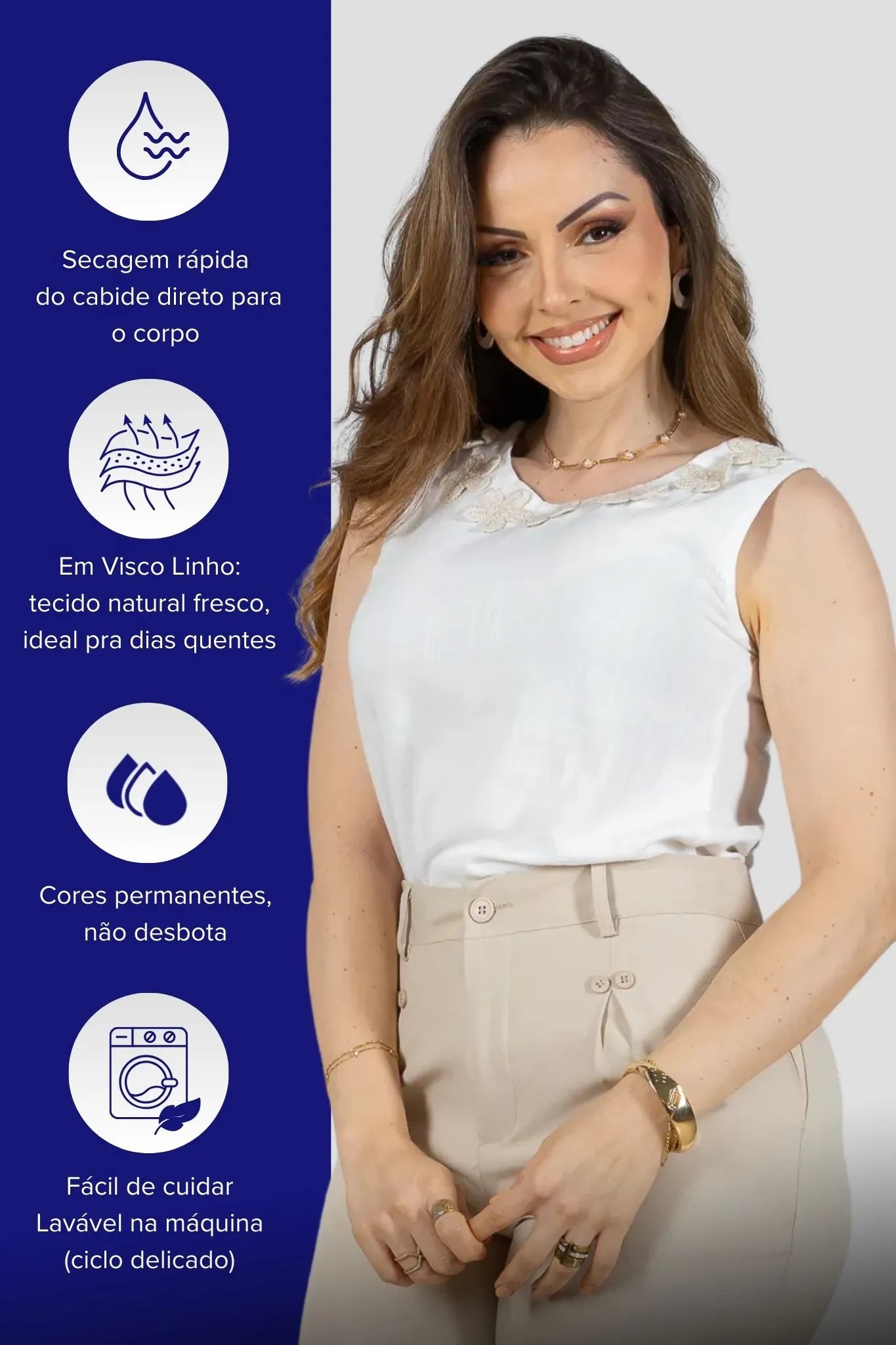 Regata Detalhe Flores Colo Visco Linho Giovana Branca