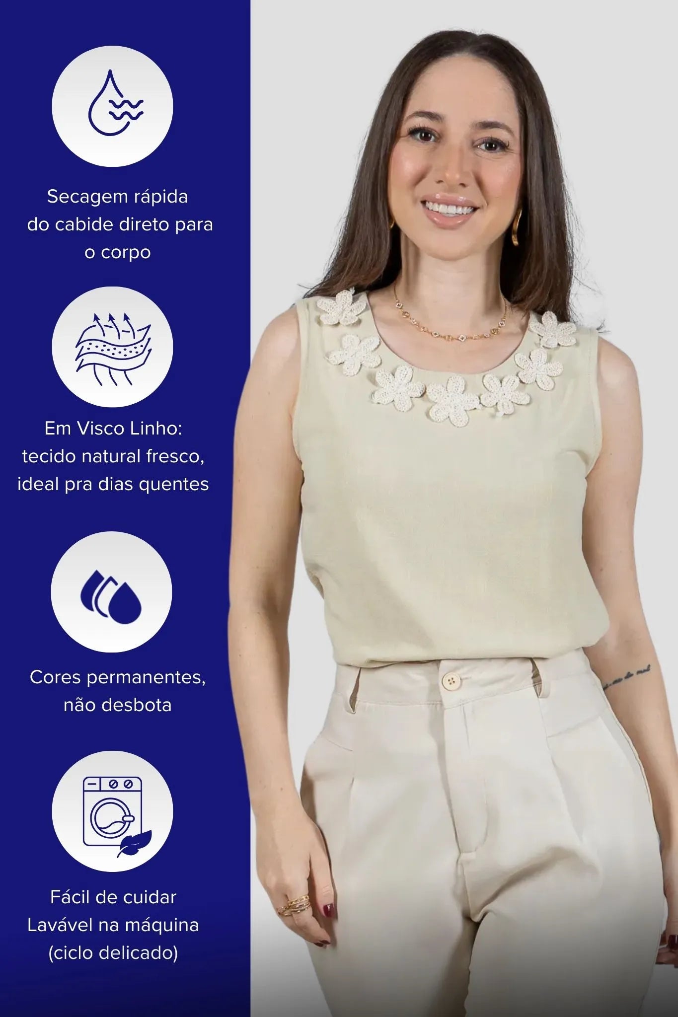 Regata Detalhe Flores Colo Visco Linho Giovana Verde Claro