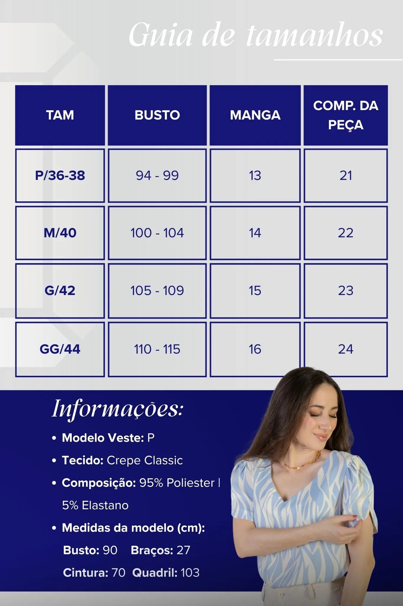 Blusa Manga Curta Detalhe Botão Decote "V" Crepe Classic Graciane Azul