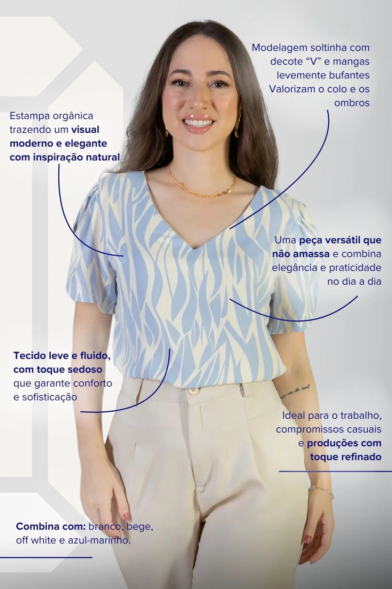 Blusa Manga Curta Detalhe Botão Decote "V" Crepe Classic Graciane Azul