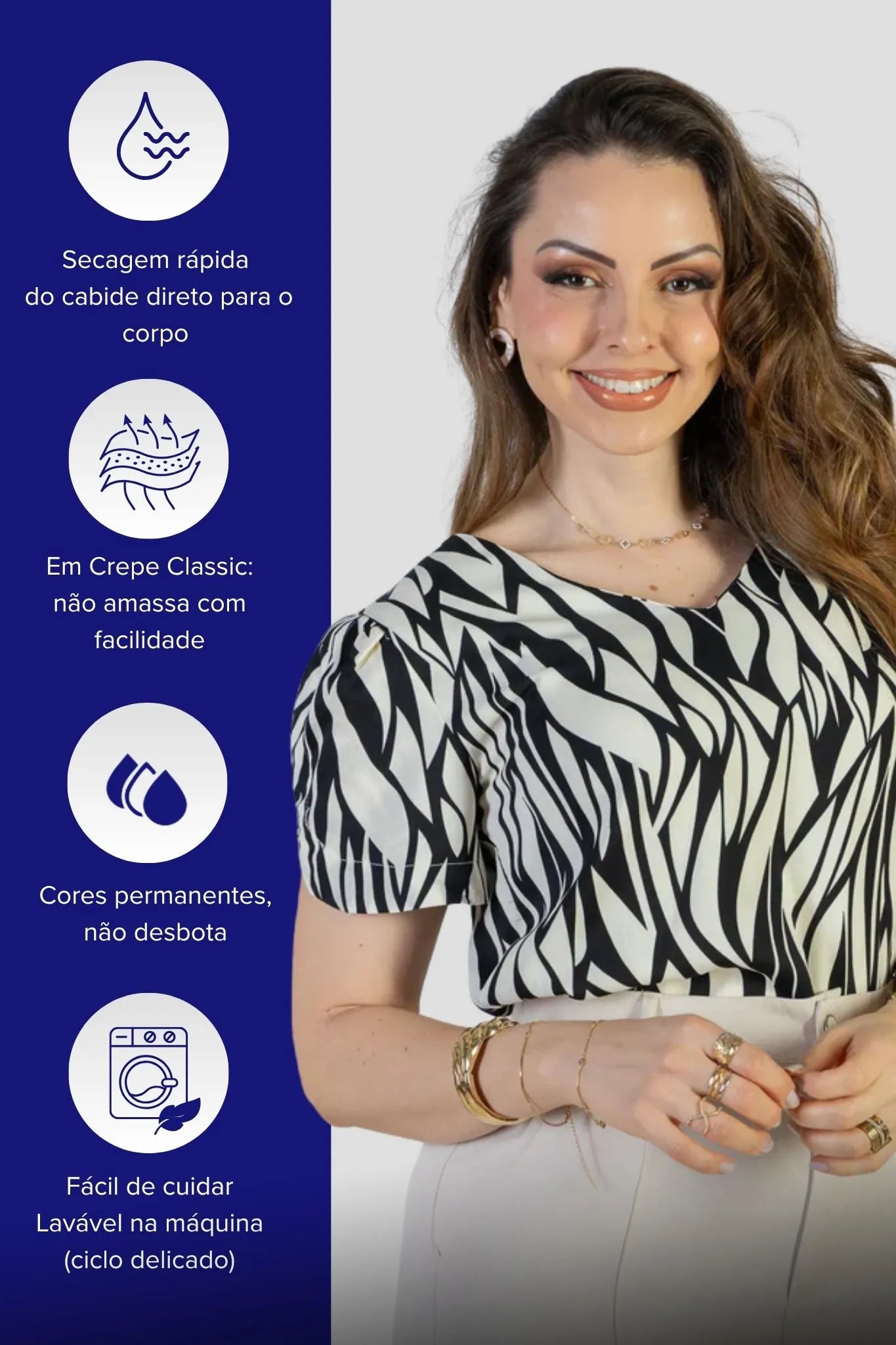 Blusa Manga Curta Detalhe Botão Decote "V" Crepe Classic Graciane Preta