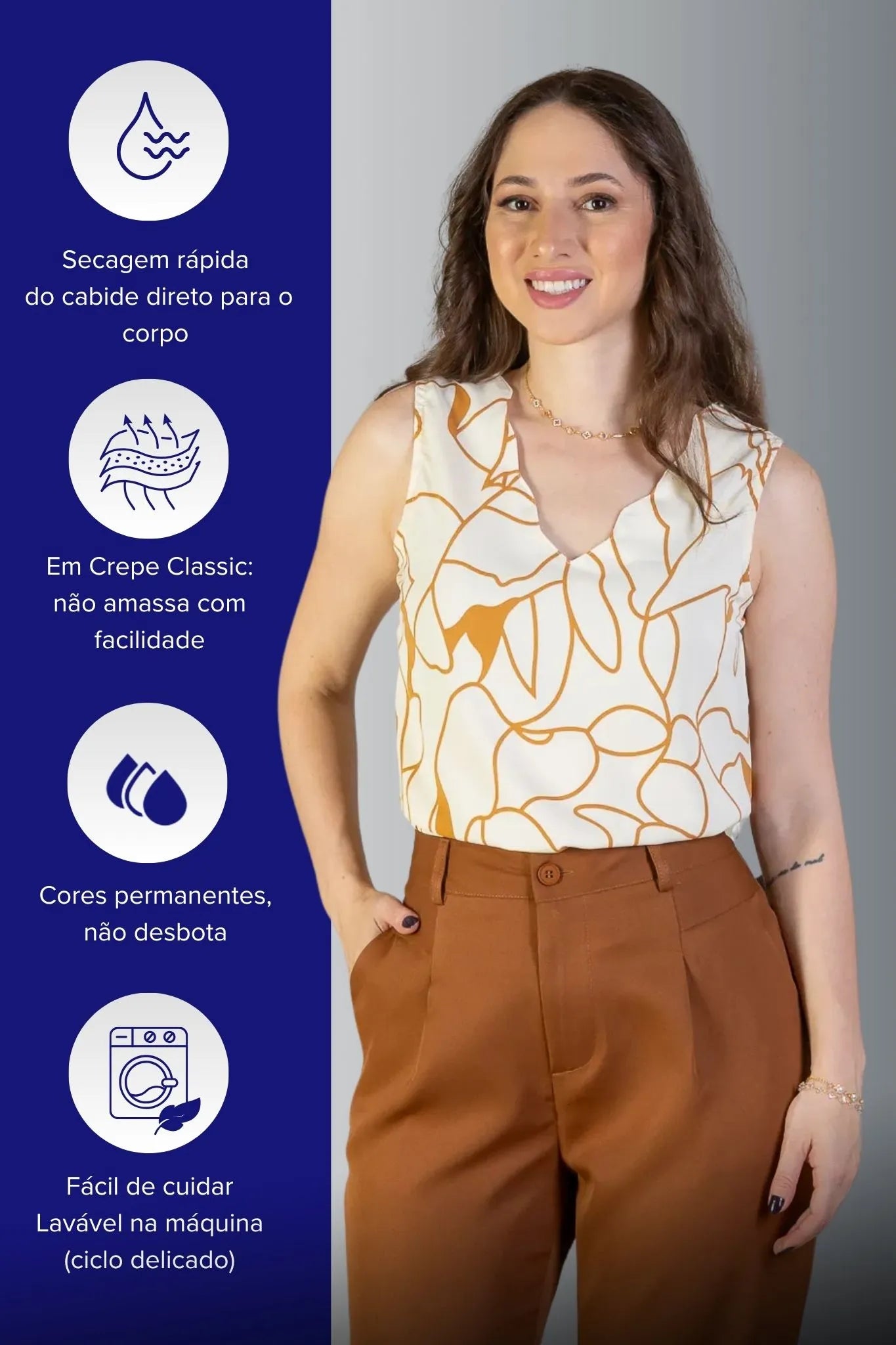 Blusa Regata Detalhe Decote Crepe Classic Estampada Hebe Camargo Creme