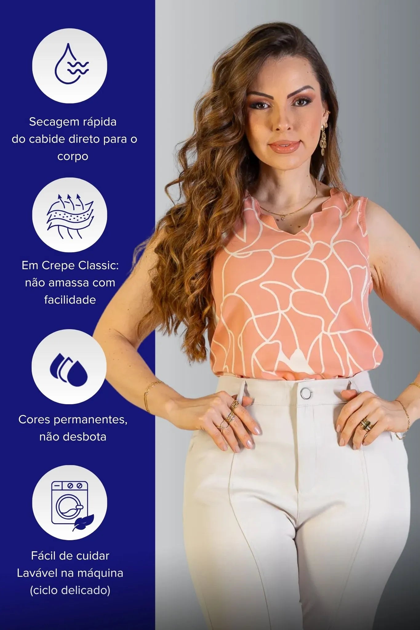 Blusa Regata Detalhe Decote Crepe Classic Estampada Hebe Camargo Coral