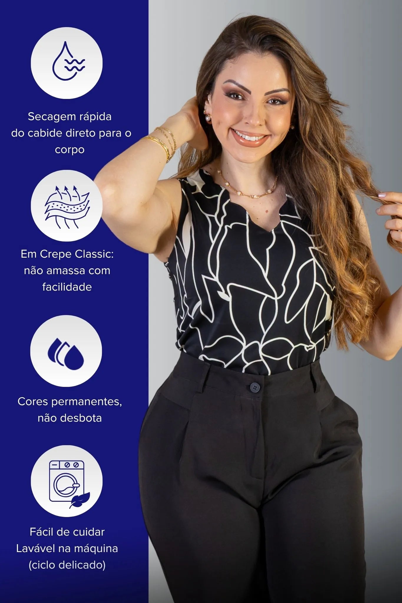 Blusa Regata Detalhe Decote Crepe Classic Estampada Hebe Camargo Preta