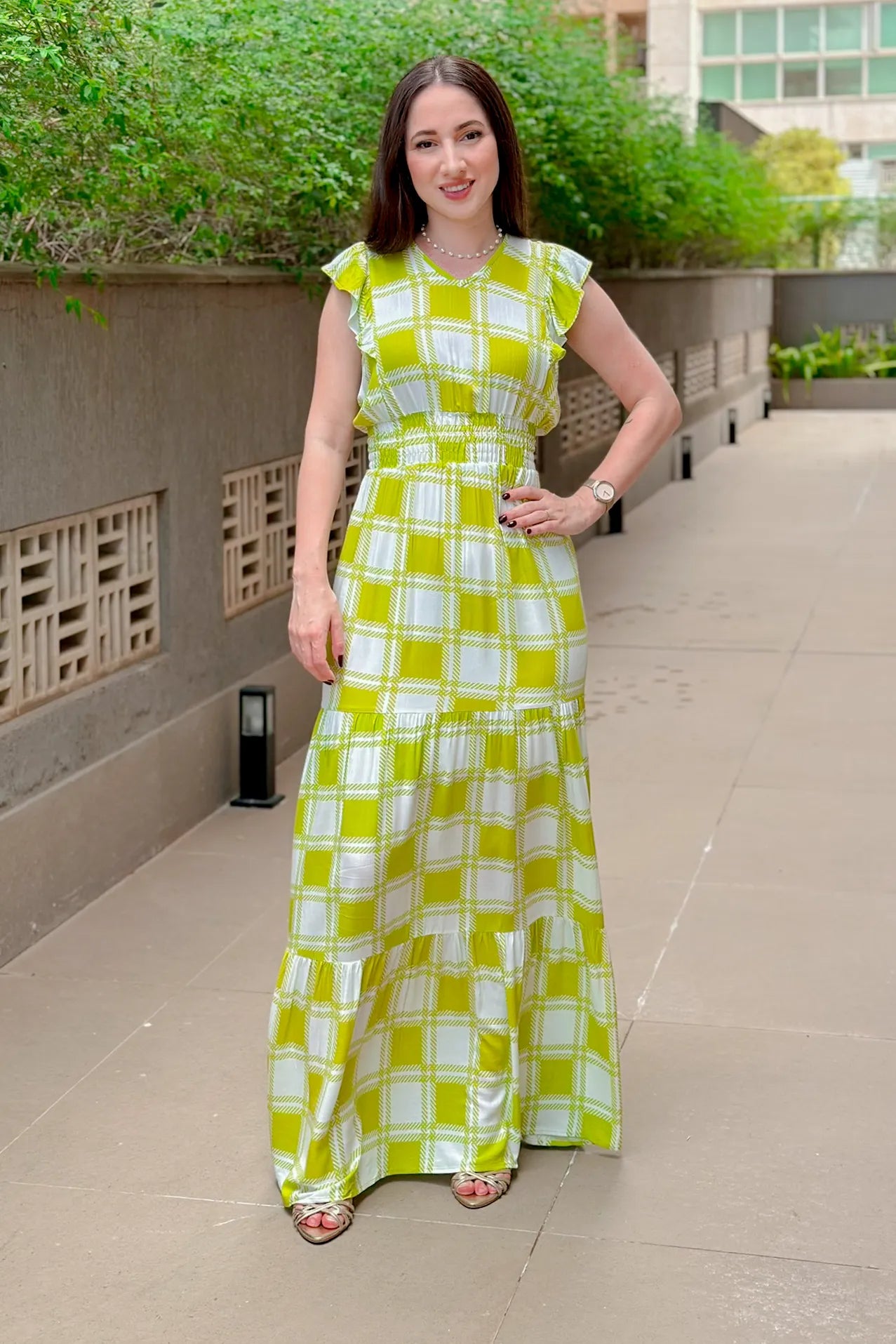 Vestido Longo Detalhe Babados Estampa Vichy Eva Verde