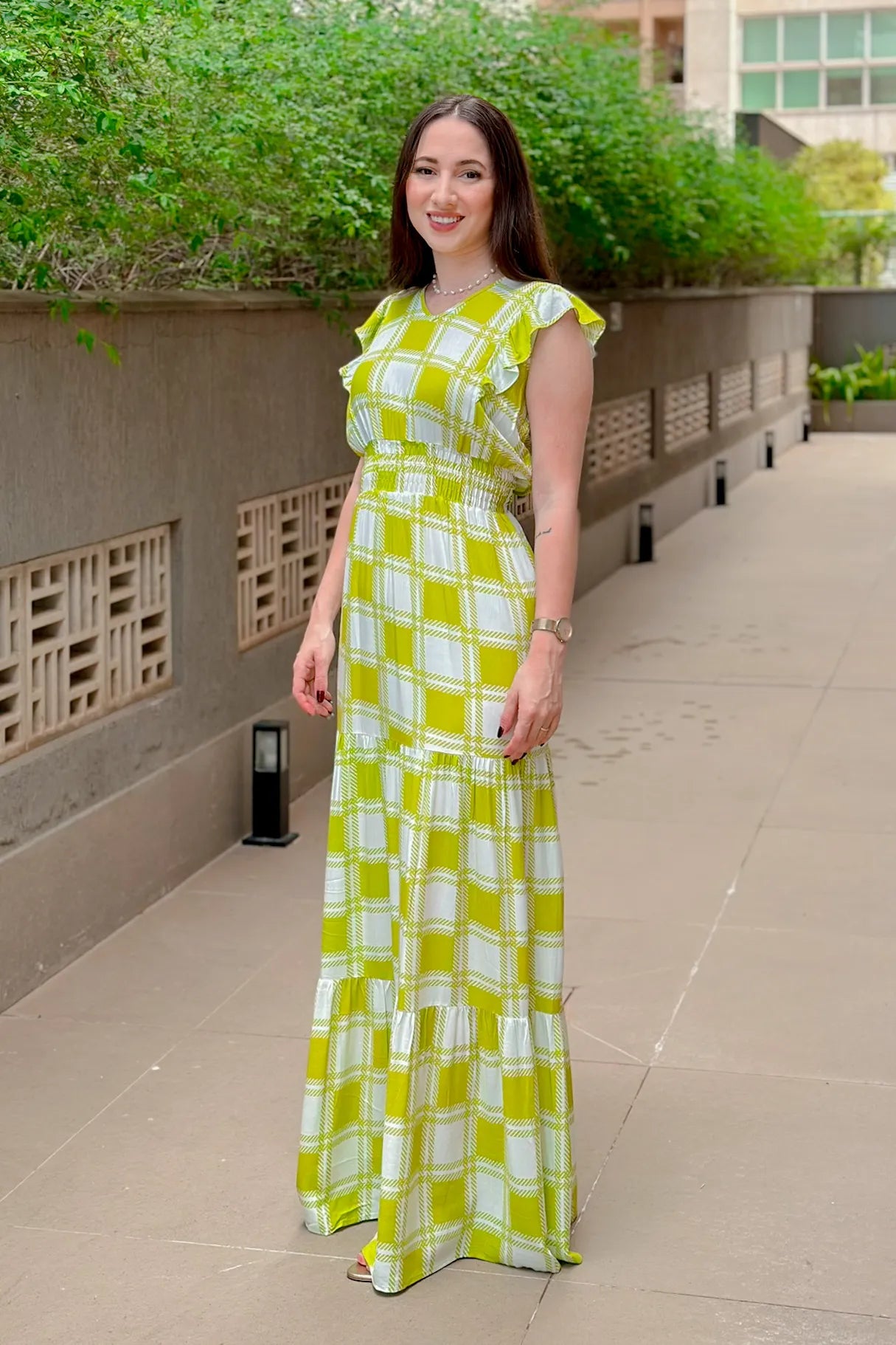 Vestido Longo Detalhe Babados Estampa Vichy Eva Verde