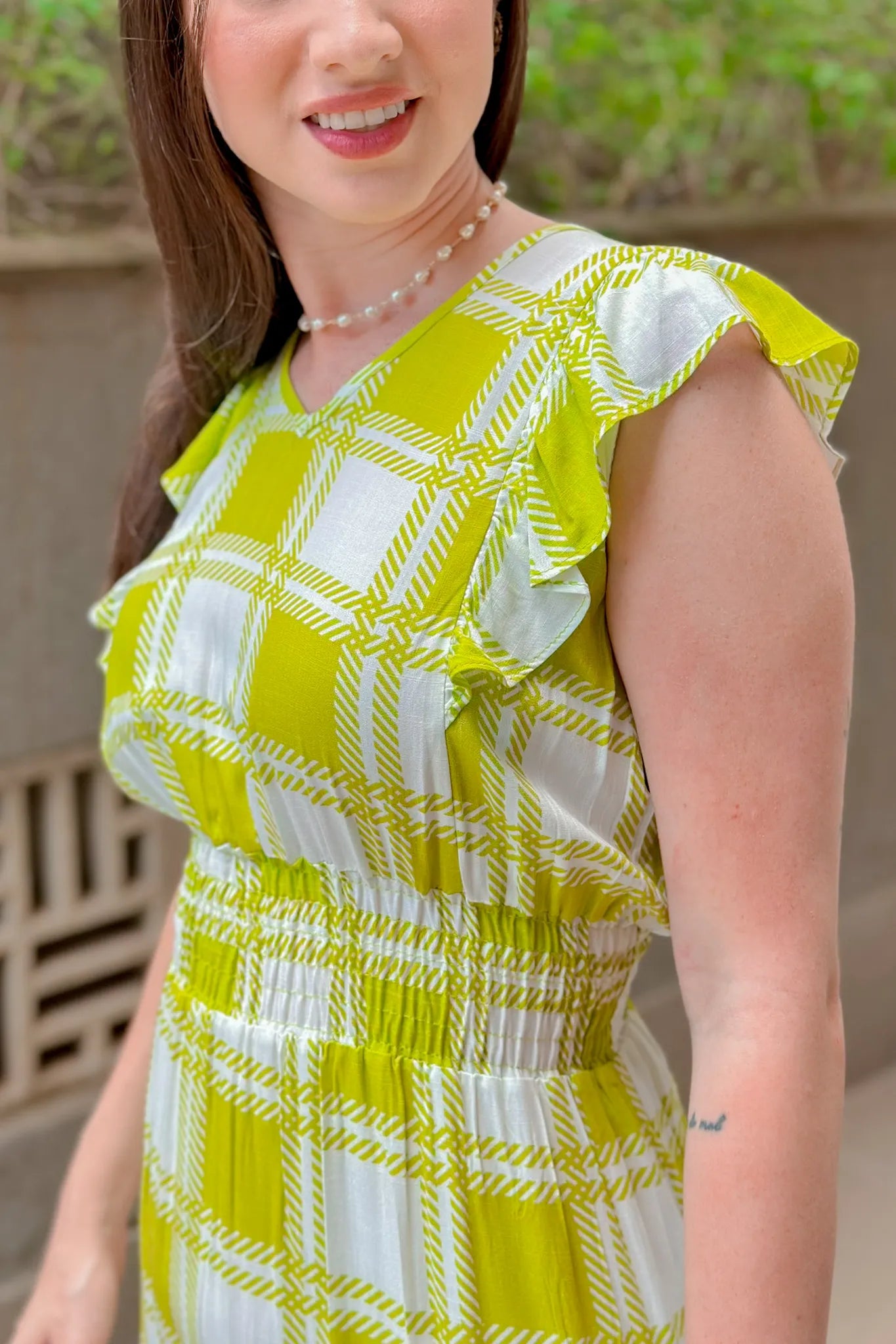 Vestido Longo Detalhe Babados Estampa Vichy Eva Verde