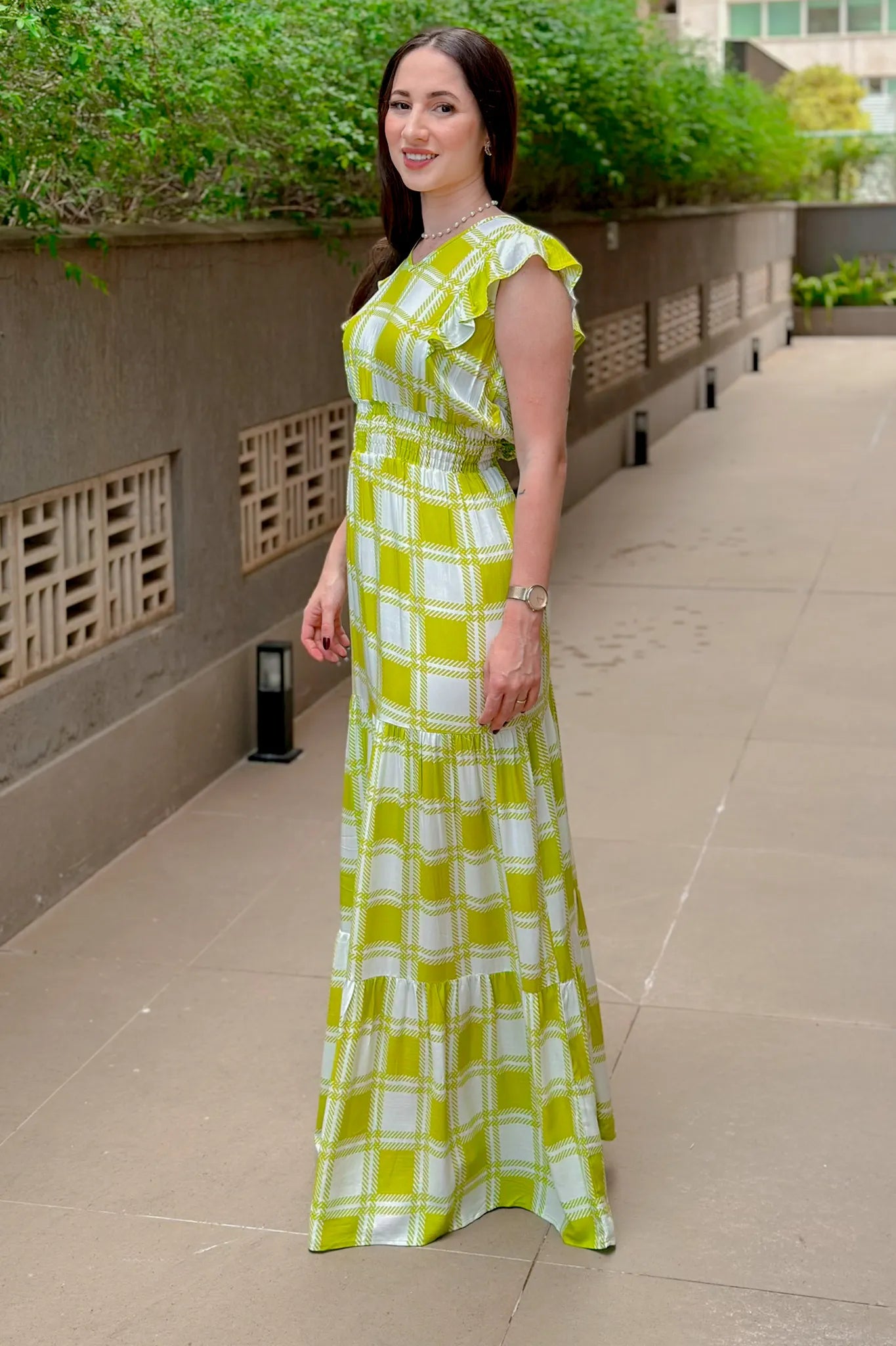 Vestido Longo Detalhe Babados Estampa Vichy Eva Verde