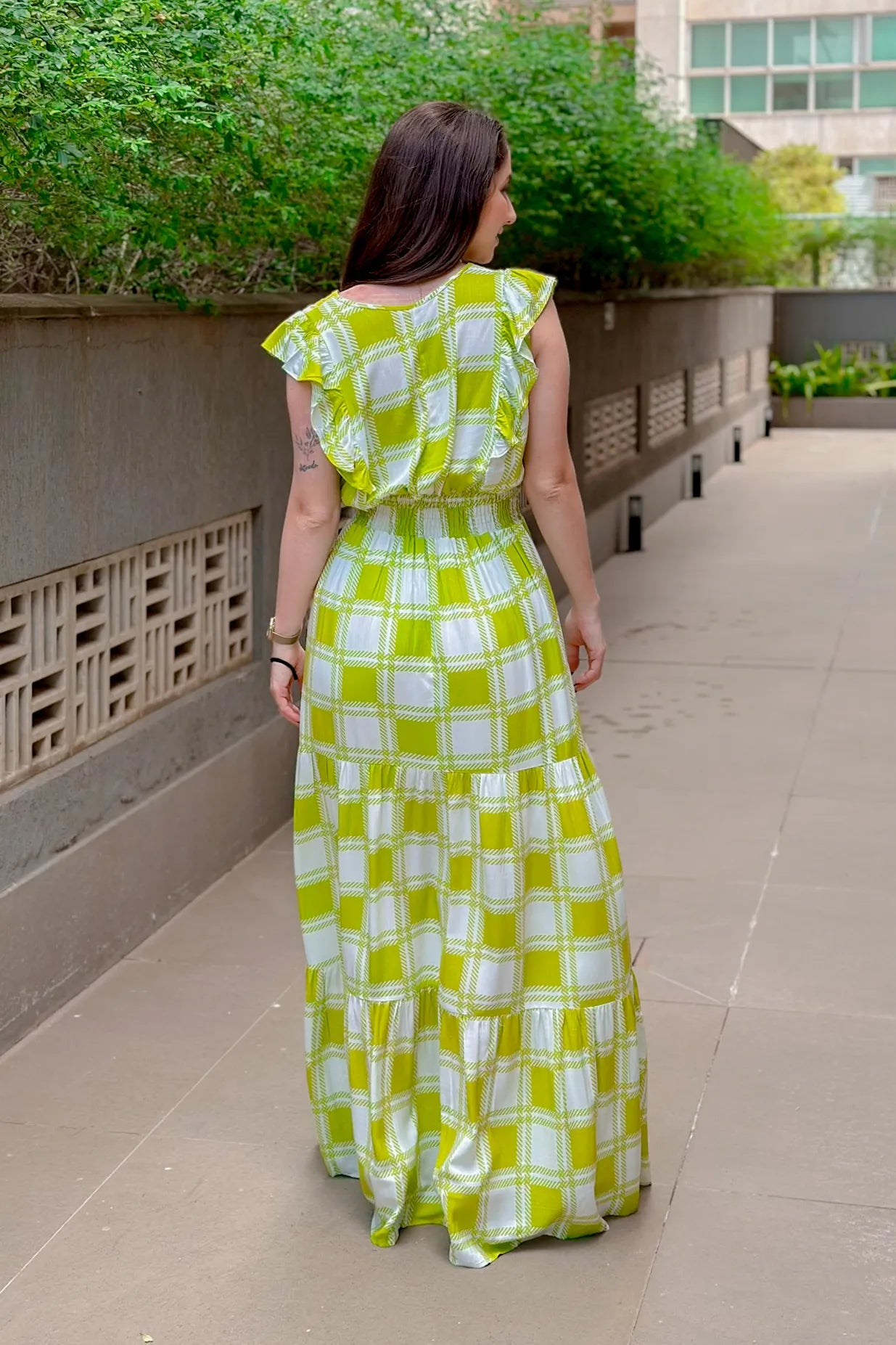 Vestido Longo Detalhe Babados Estampa Vichy Eva Verde
