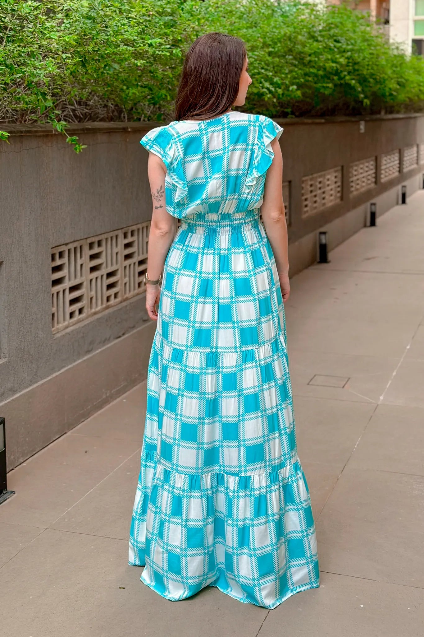 Vestido Longo Detalhe Babados Estampa Vichy Eva Azul