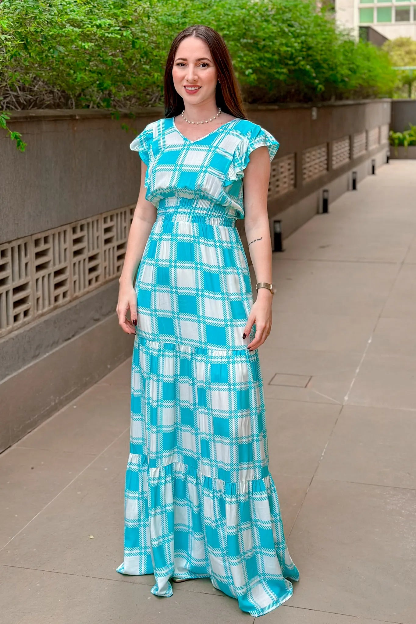 Vestido Longo Detalhe Babados Estampa Vichy Eva Azul