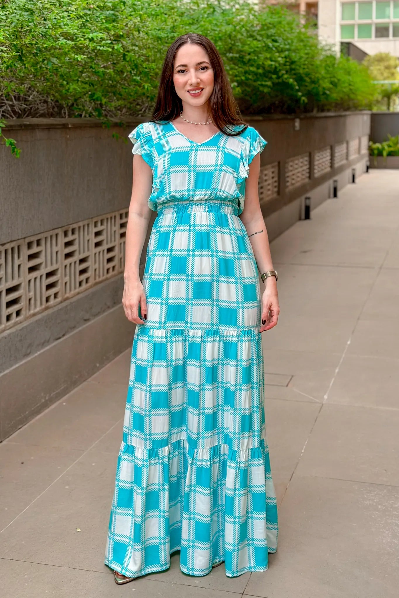 Vestido Longo Detalhe Babados Estampa Vichy Eva Azul