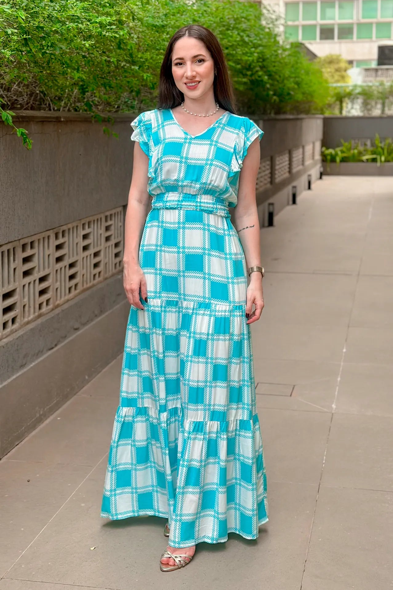 Vestido Longo Detalhe Babados Estampa Vichy Eva Azul