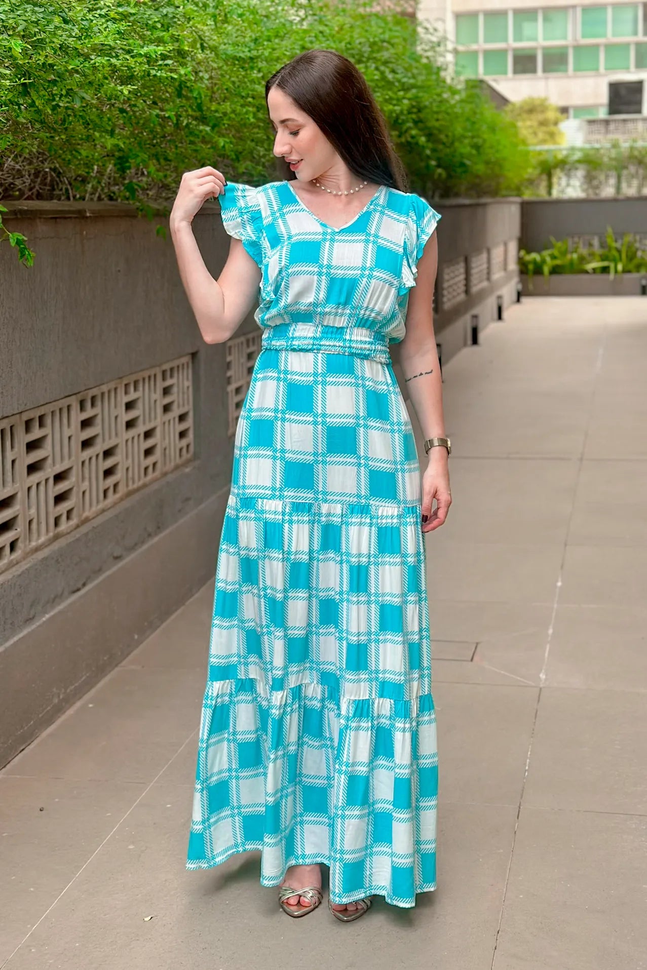 Vestido Longo Detalhe Babados Estampa Vichy Eva Azul
