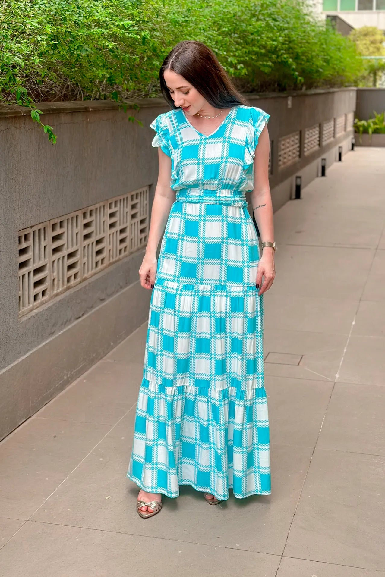 Vestido Longo Detalhe Babados Estampa Vichy Eva Azul