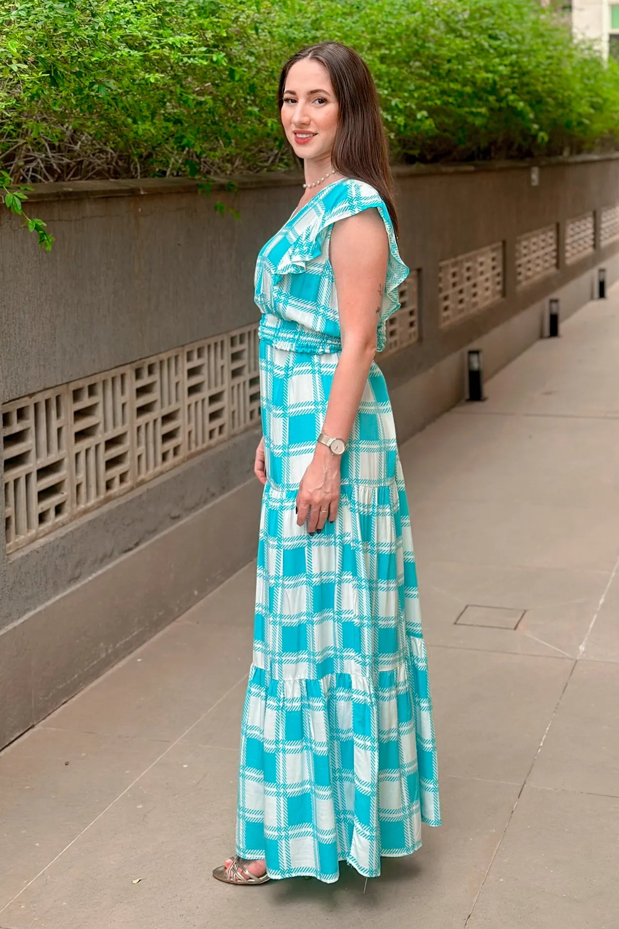 Vestido Longo Detalhe Babados Estampa Vichy Eva Azul