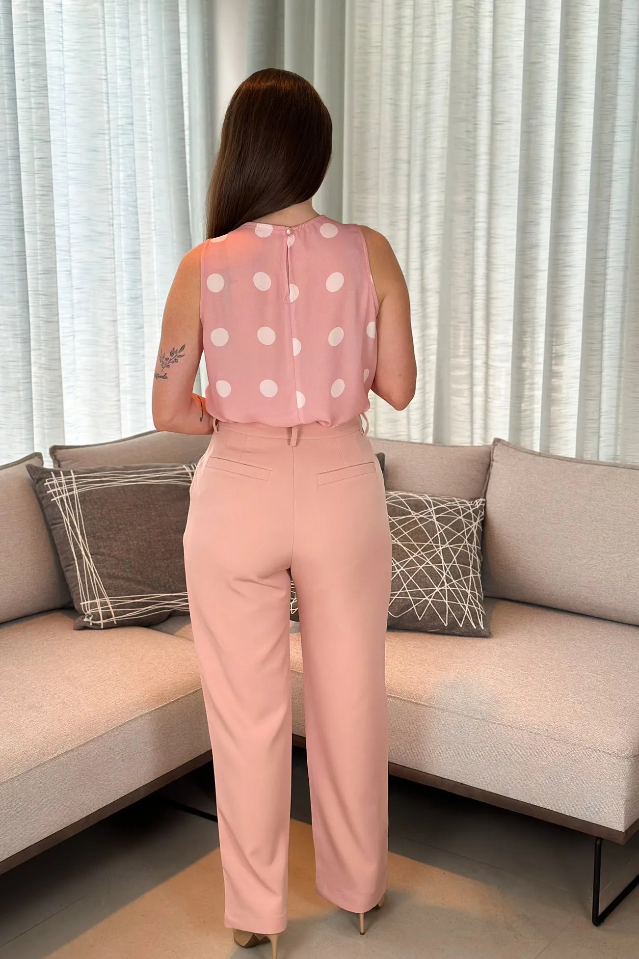 Blusa Regata Marcia Rosa Claro Estampada Poá Branca