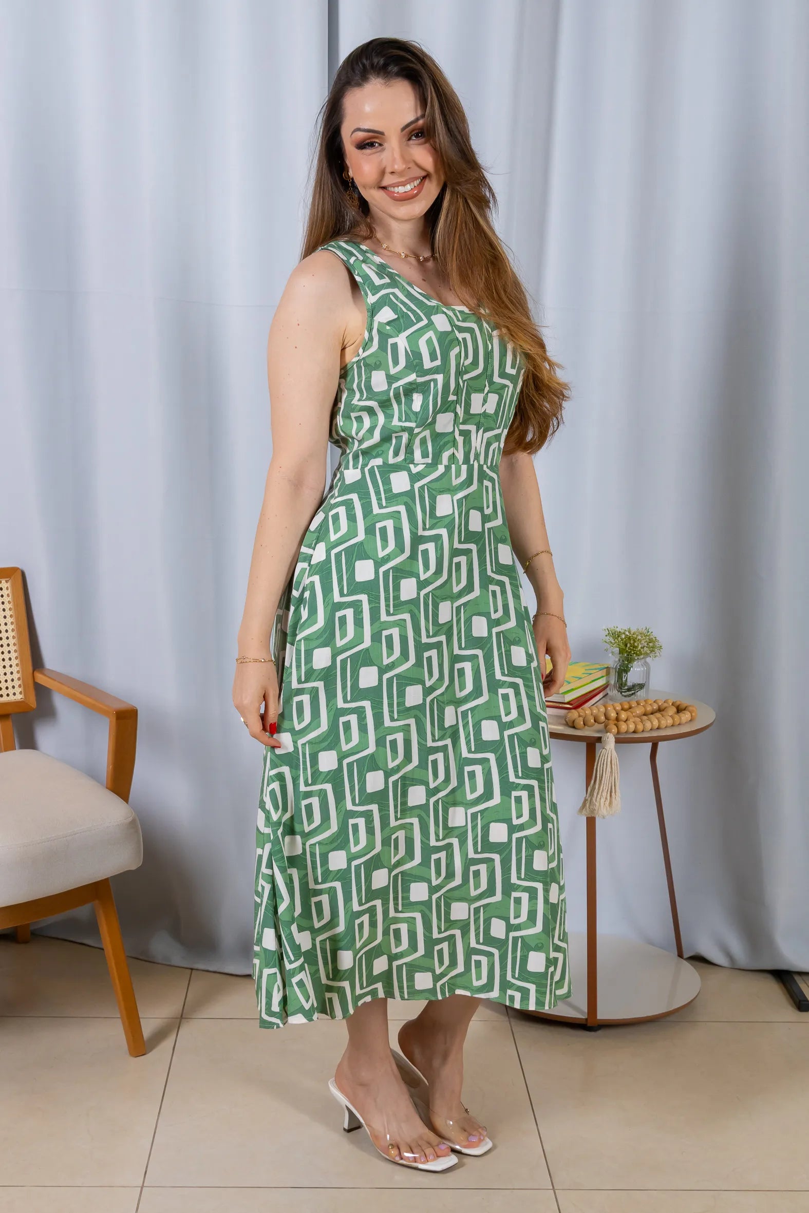 Vestido Midi Regata Viscose Ágatha Estampado Verde