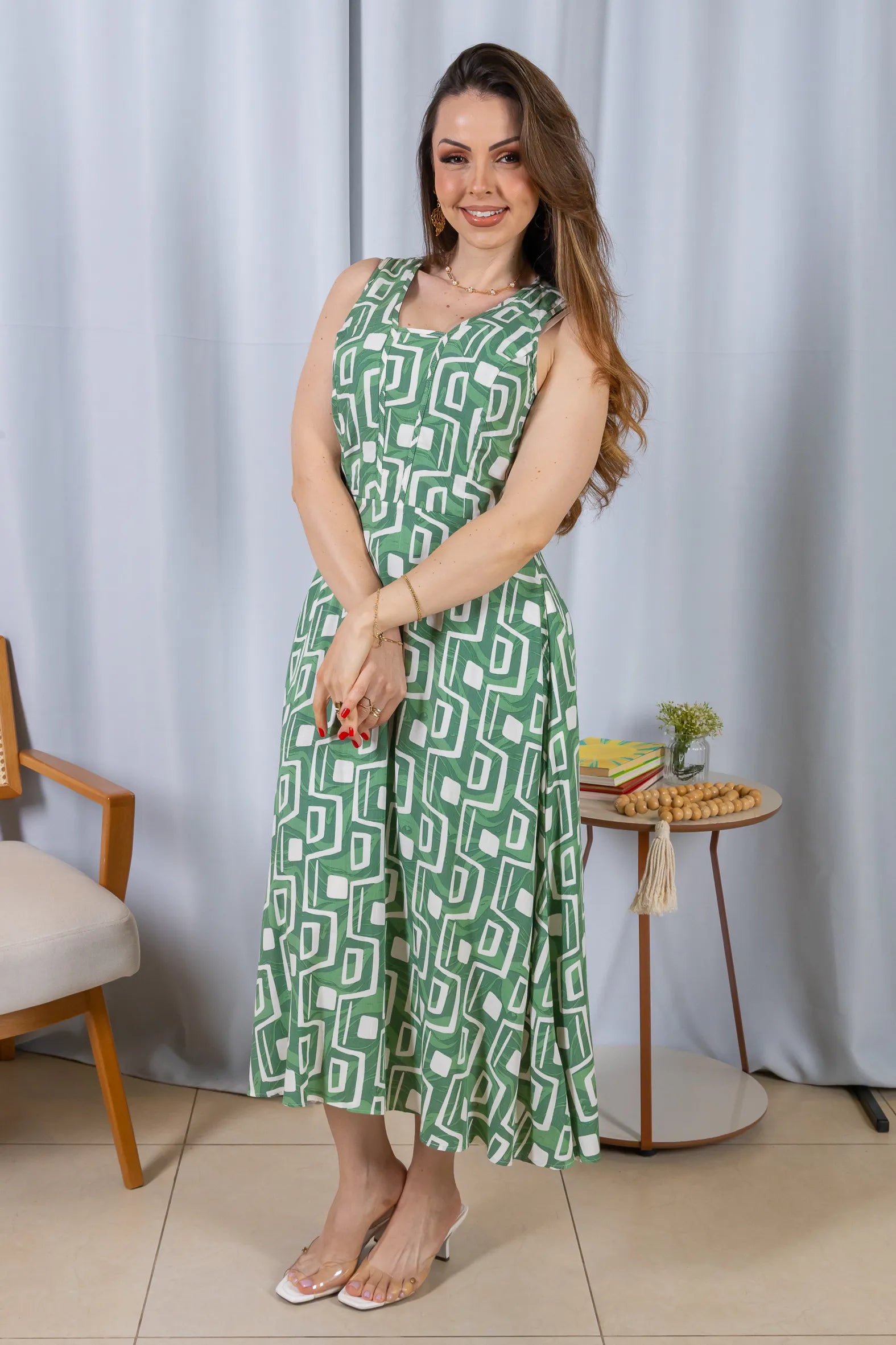 Vestido Midi Regata Viscose Ágatha Estampado Verde