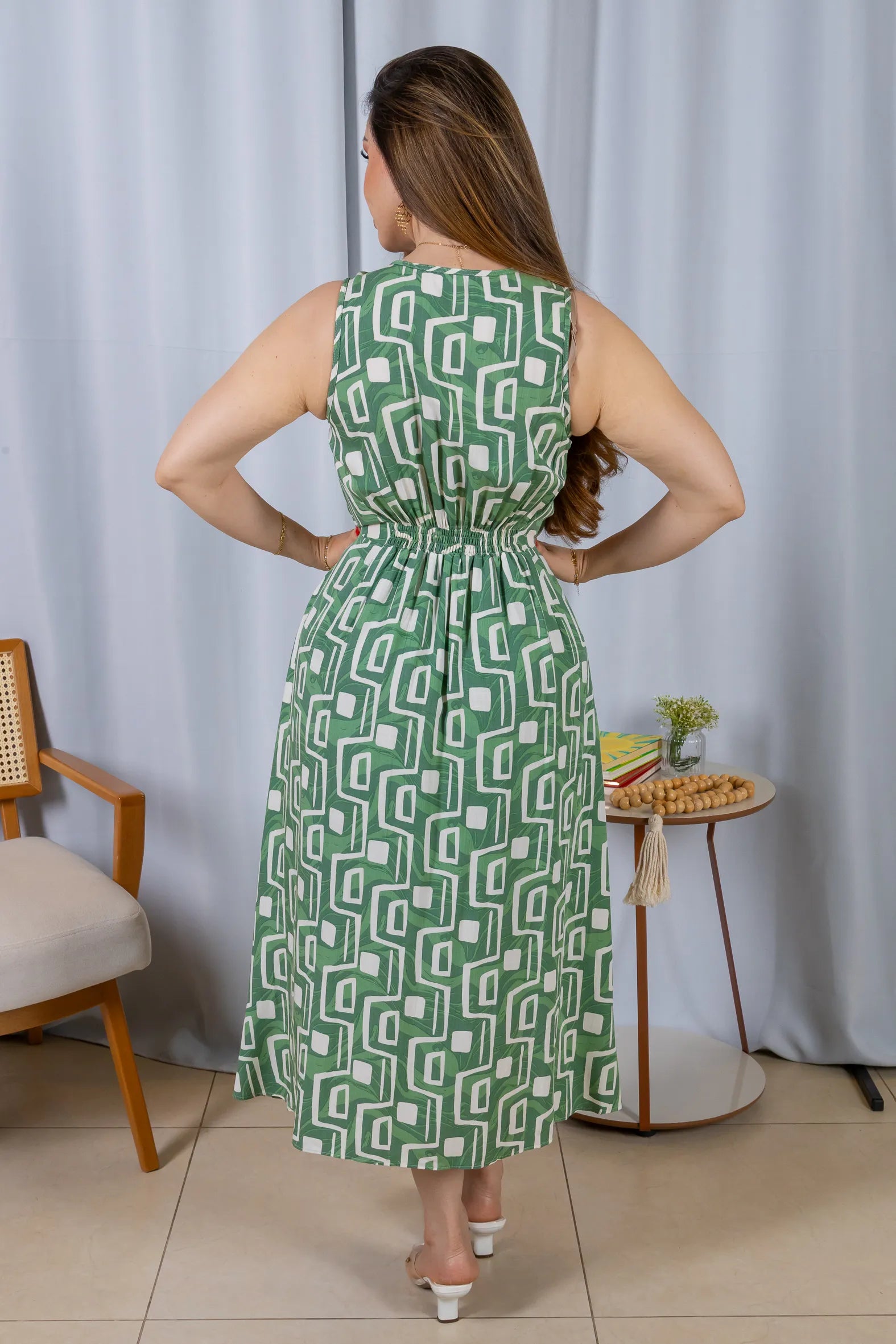 Vestido Midi Regata Viscose Ágatha Estampado Verde