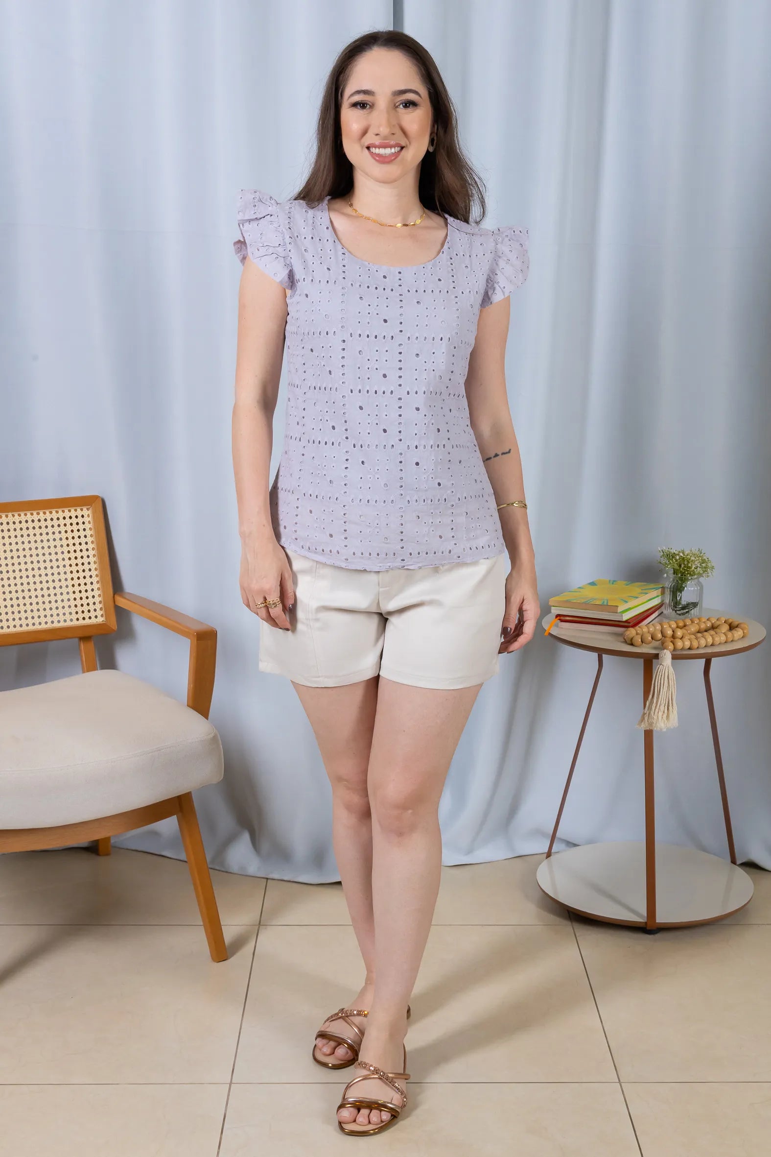 Regata Babados Cotton Em Laise Gabriela Cinza Azulado