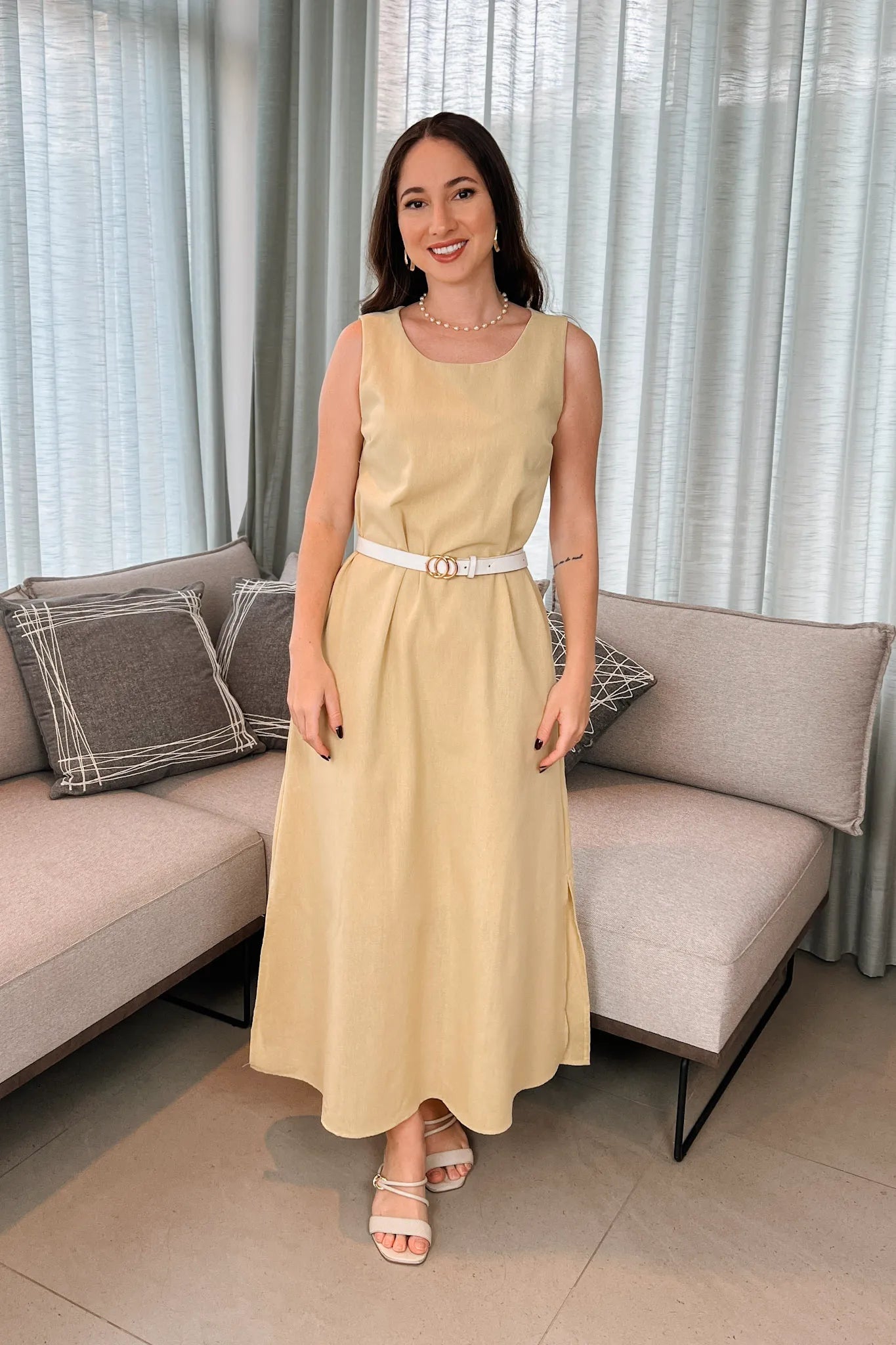 Vestido Midi Detalhe Bolso Elisa Amarelo