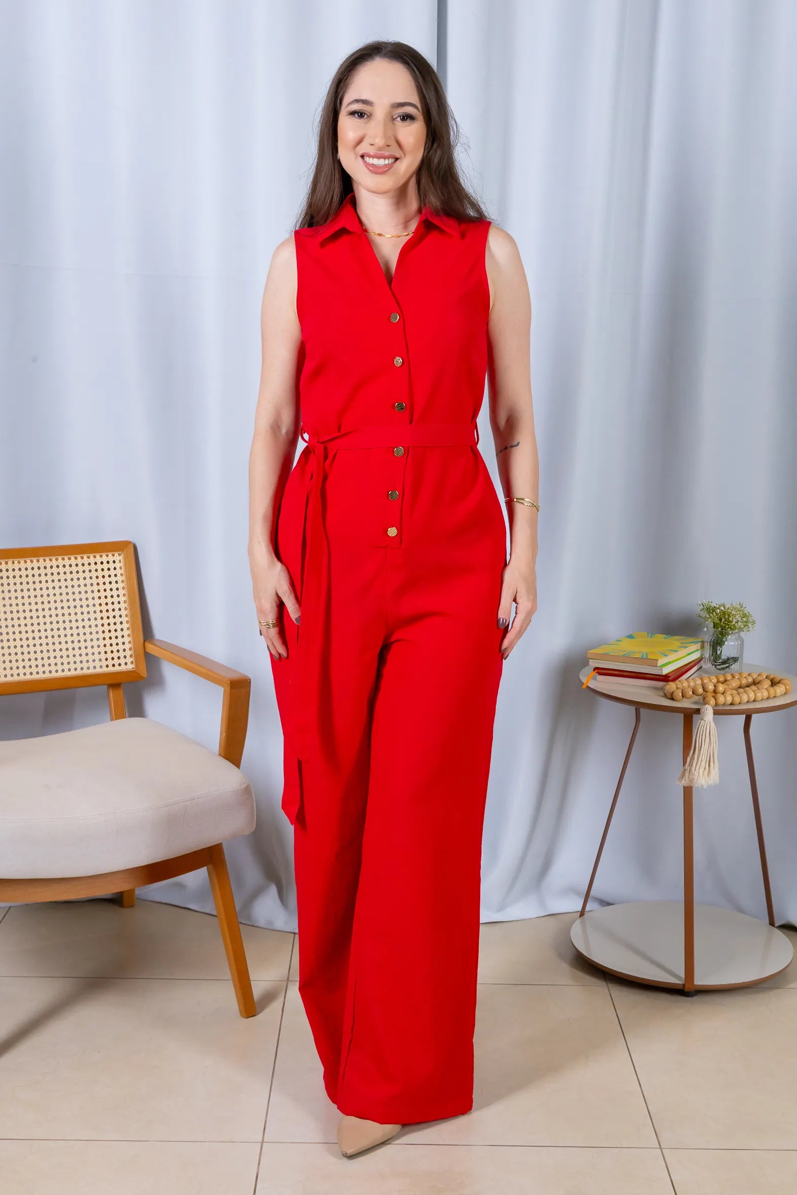 Macacão Pantalona Com Gola Detalhe Botões Visco Mix Raquel Vermelho