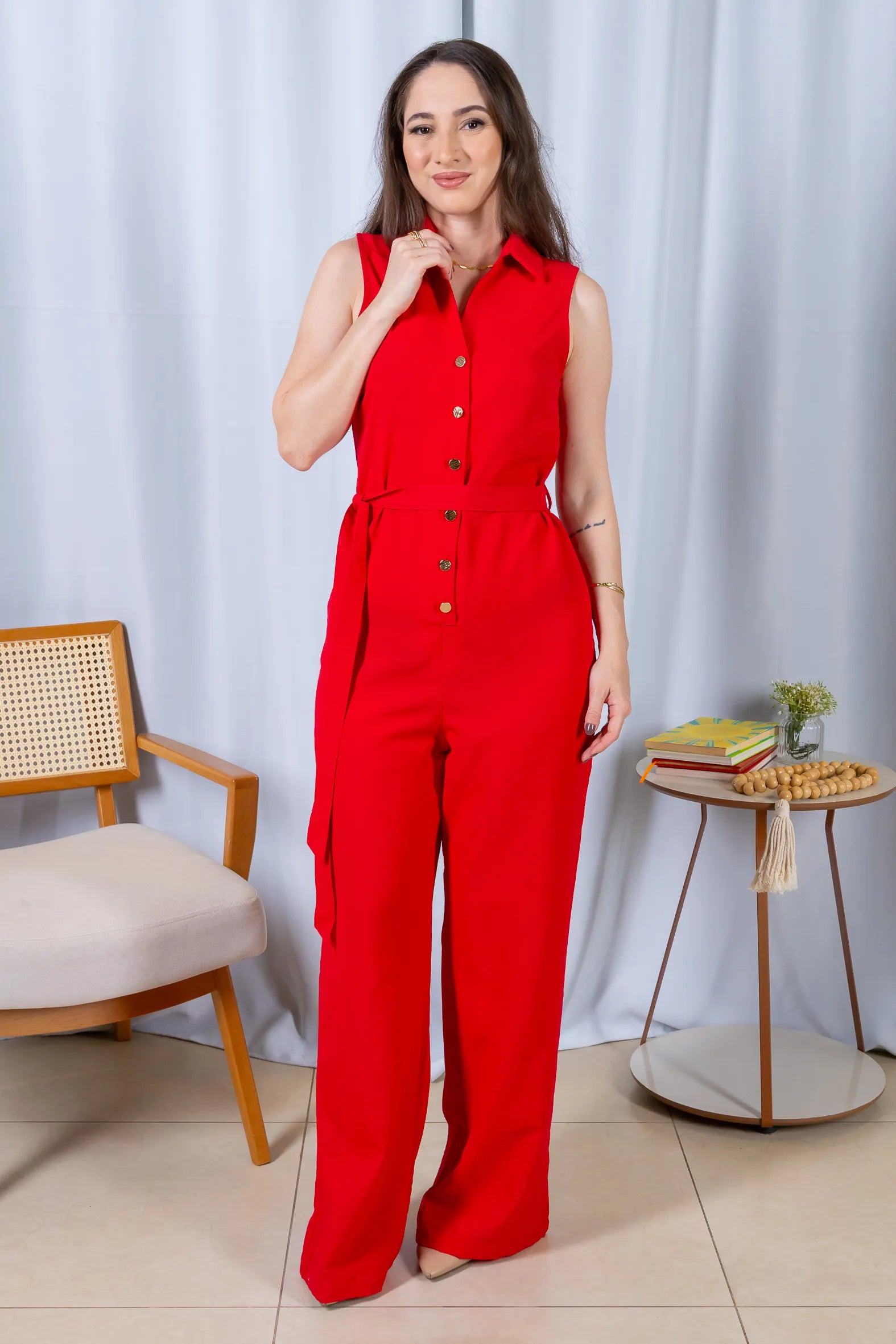 Macacão Pantalona Com Gola Detalhe Botões Visco Mix Raquel Vermelho