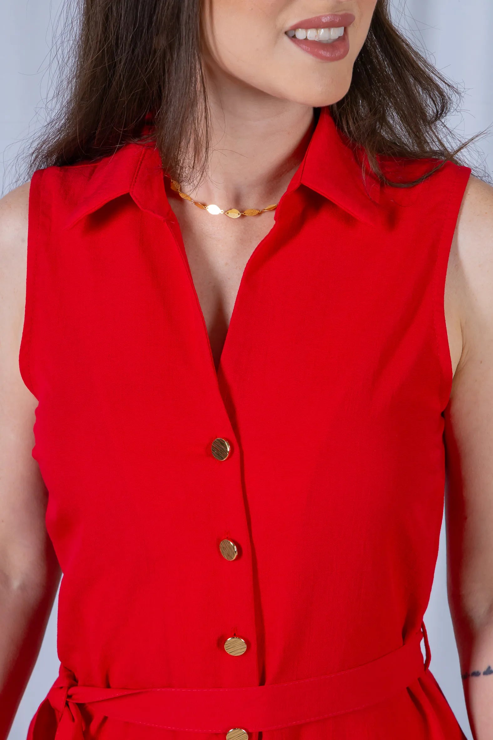 Macacão Pantalona Com Gola Detalhe Botões Visco Mix Raquel Vermelho