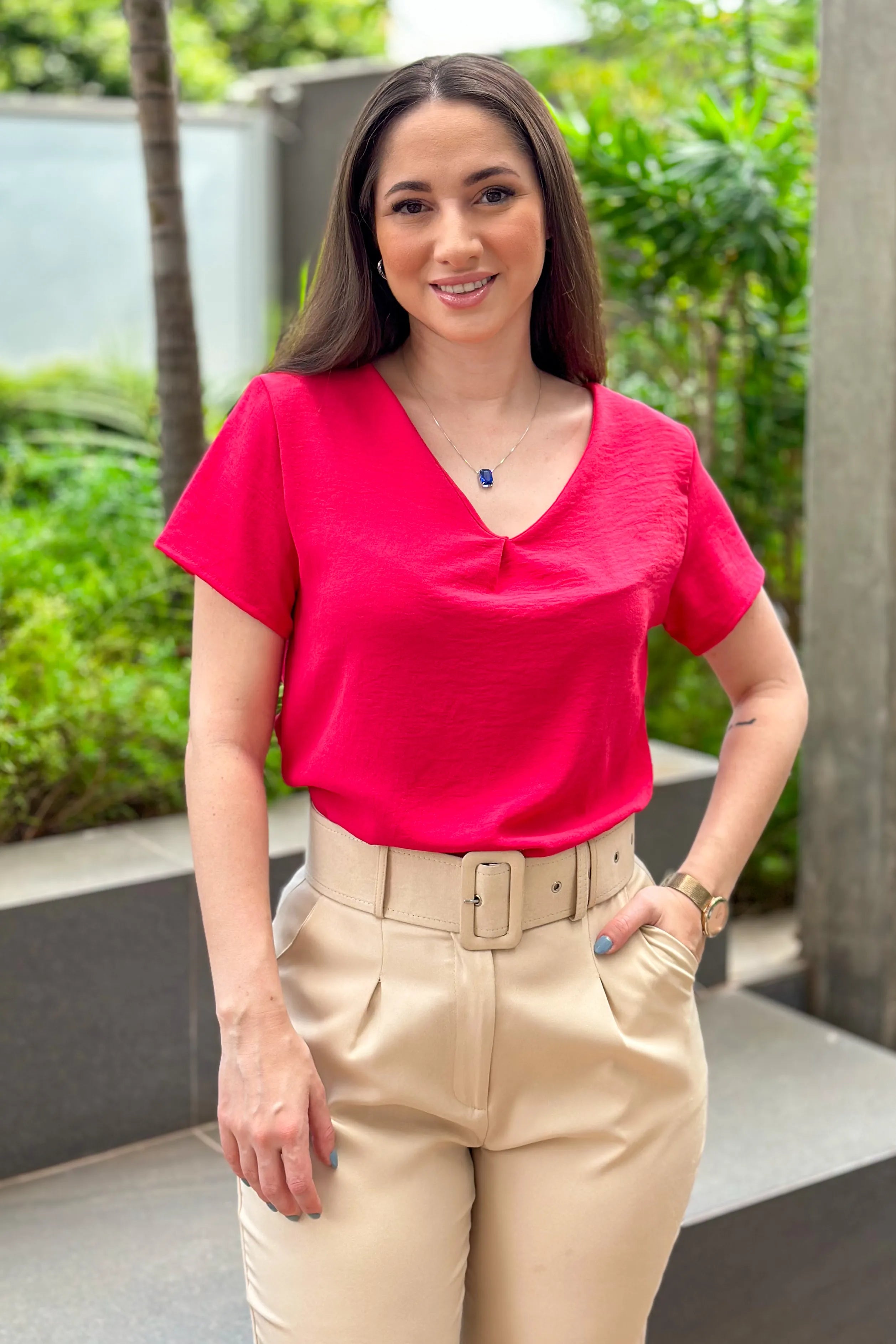 Blusa Decote "V" Detalhe Colo Debora Pink