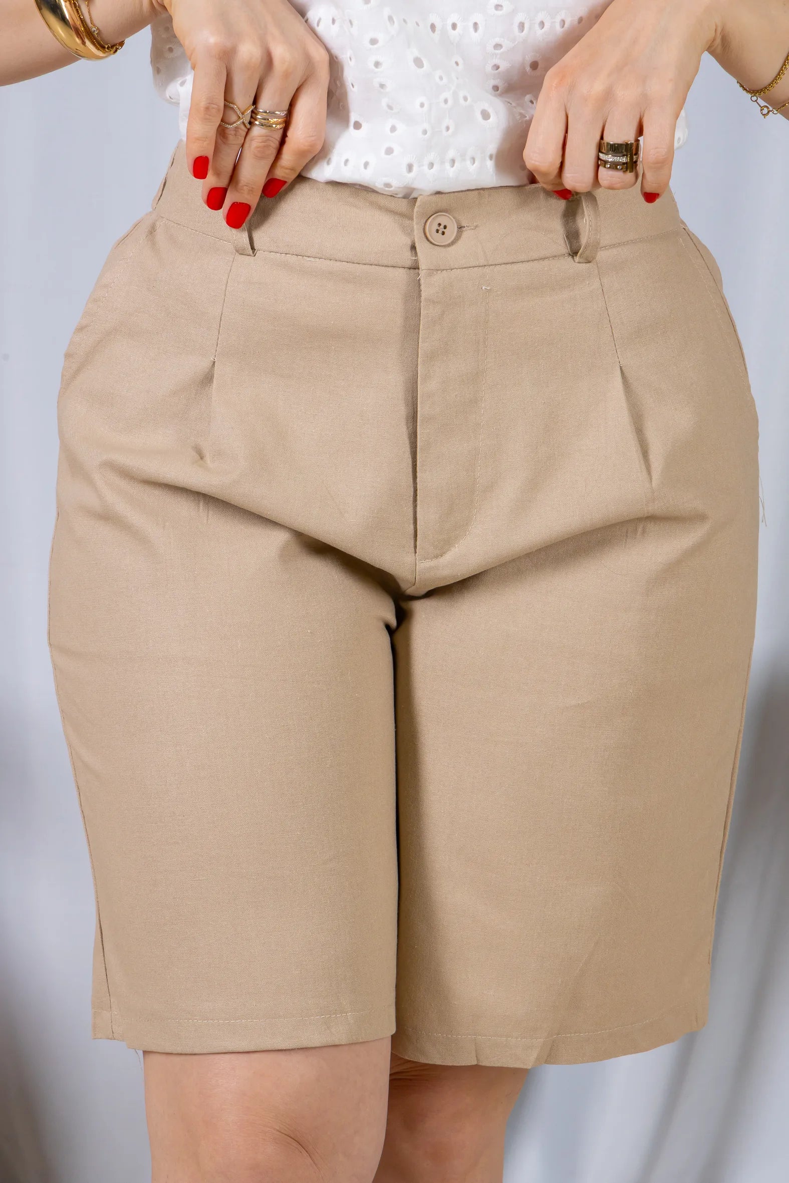 Bermuda Cós com Elástico Linho Cotton Kátia Bege