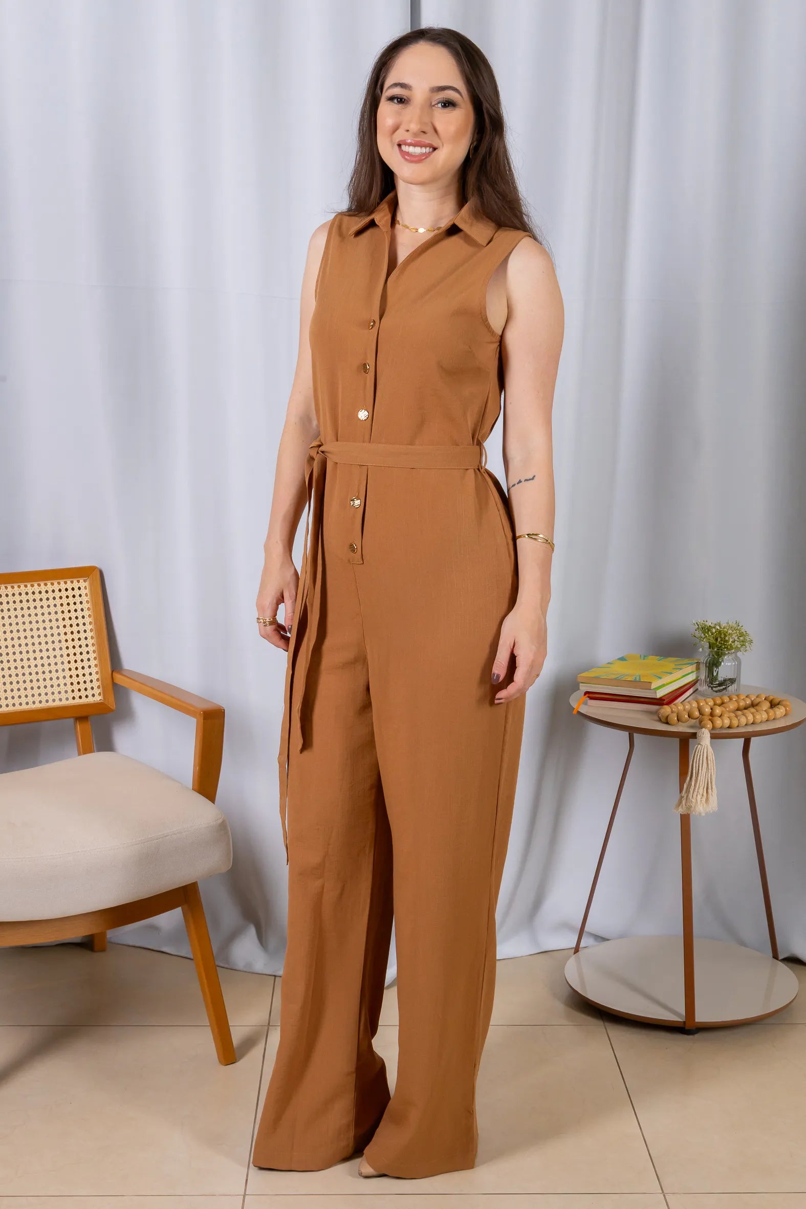 Macacão Pantalona Com Gola Detalhe Botões Visco Mix Raquel Marrom