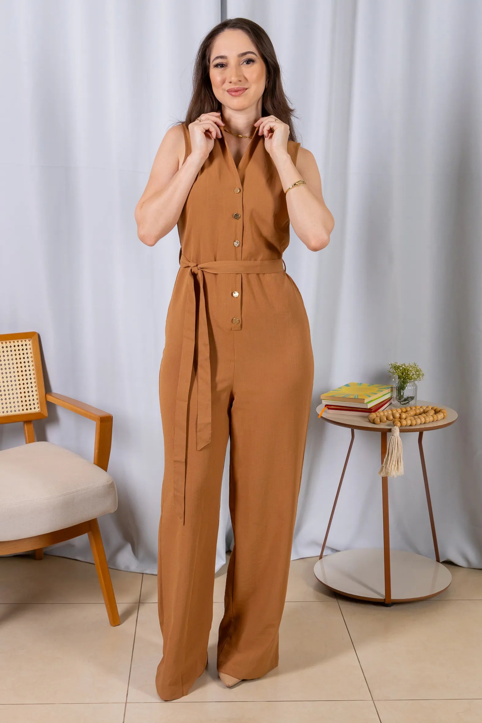 Macacão Pantalona Com Gola Detalhe Botões Visco Mix Raquel Marrom