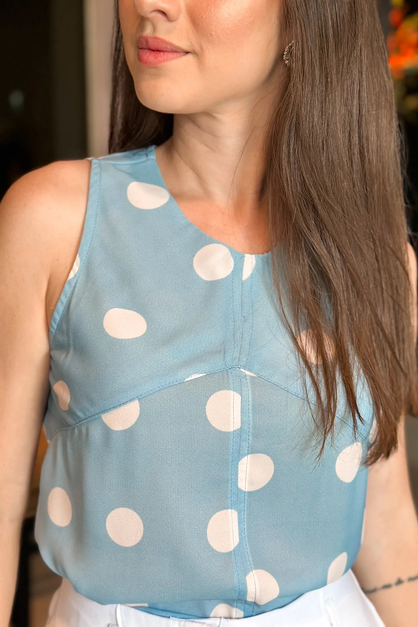 Blusa Regata Marcia Azul Estampada Poá Branca