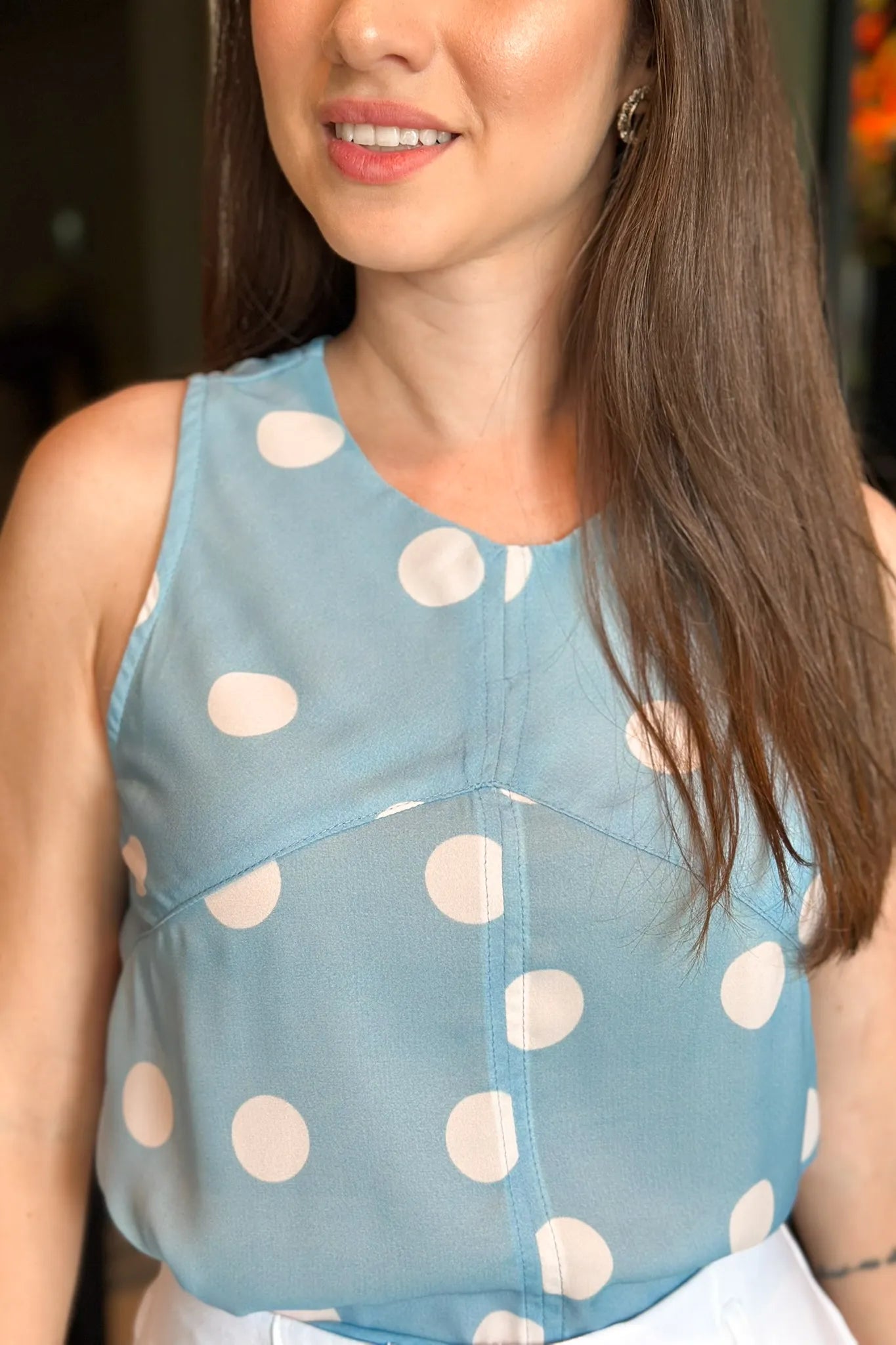 Blusa Regata Marcia Azul Estampada Poá Branca