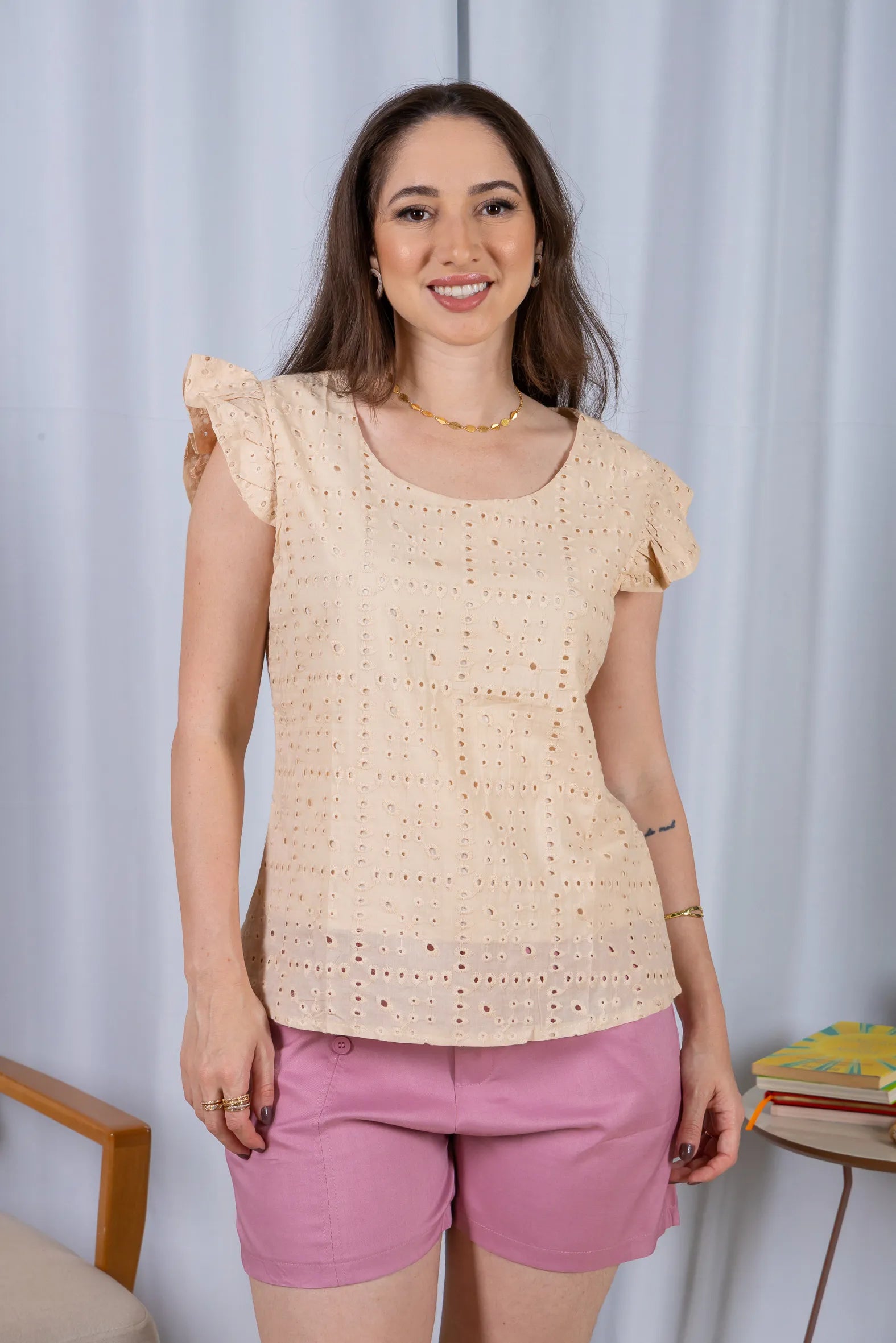 Regata Babados Cotton Em Laise Gabriela Creme