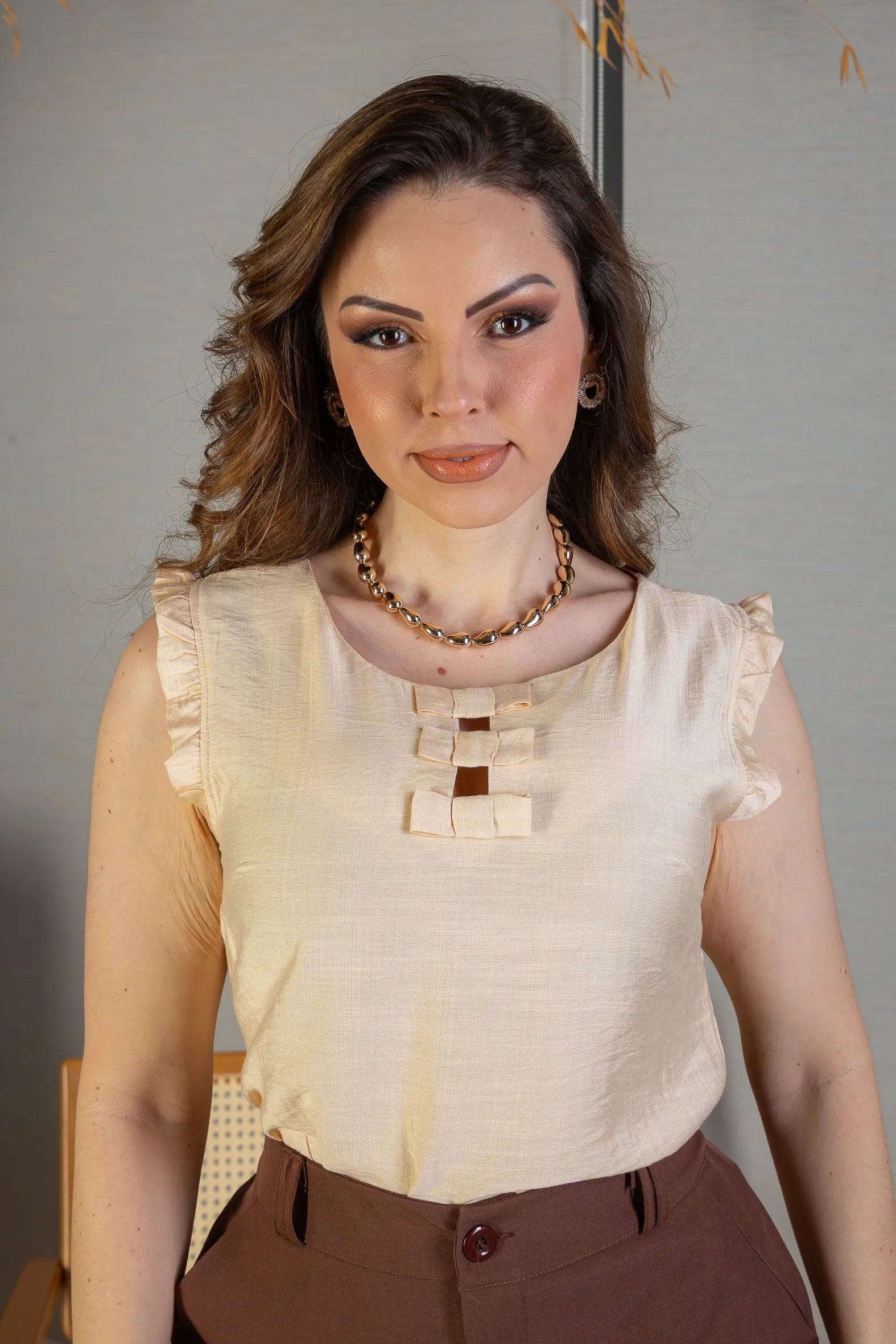 Blusa Regata Detalhe Laços Poli-Linho Sandy Lima Creme
