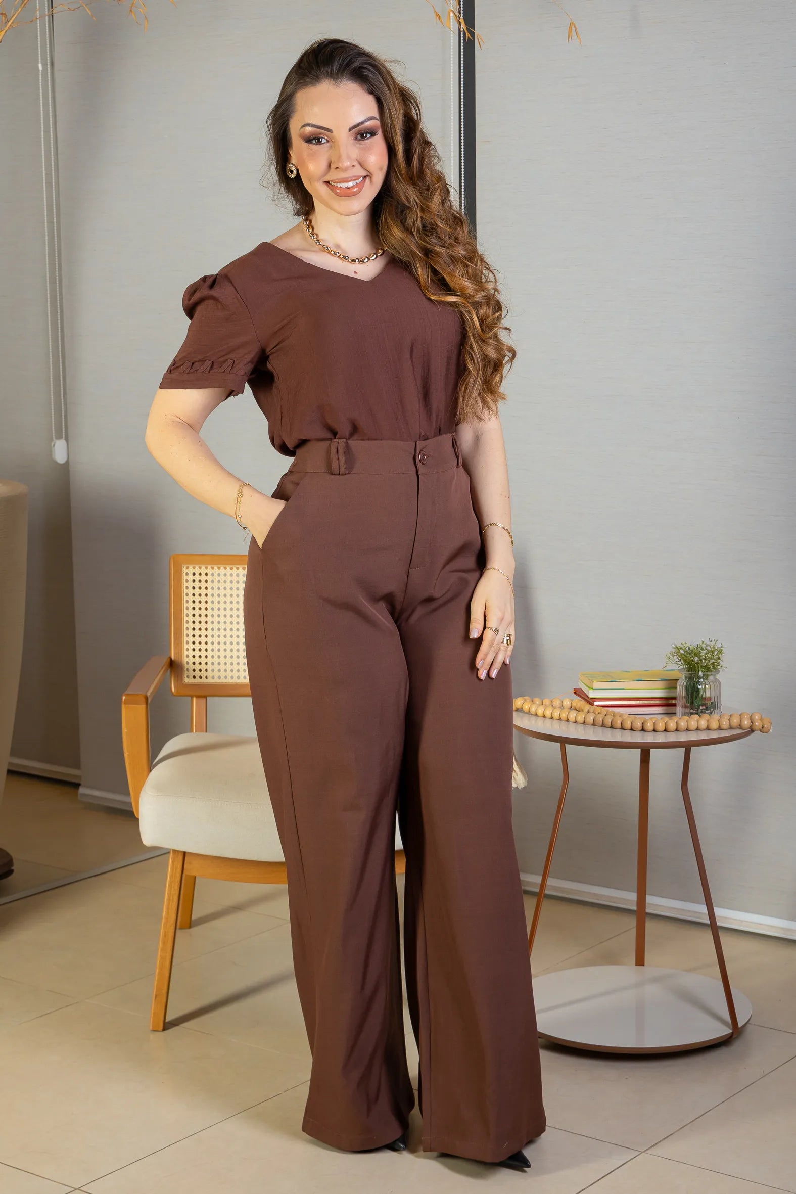 Blusa Manga Curta Decote "V" Visco Nature Gal Costa Marrom