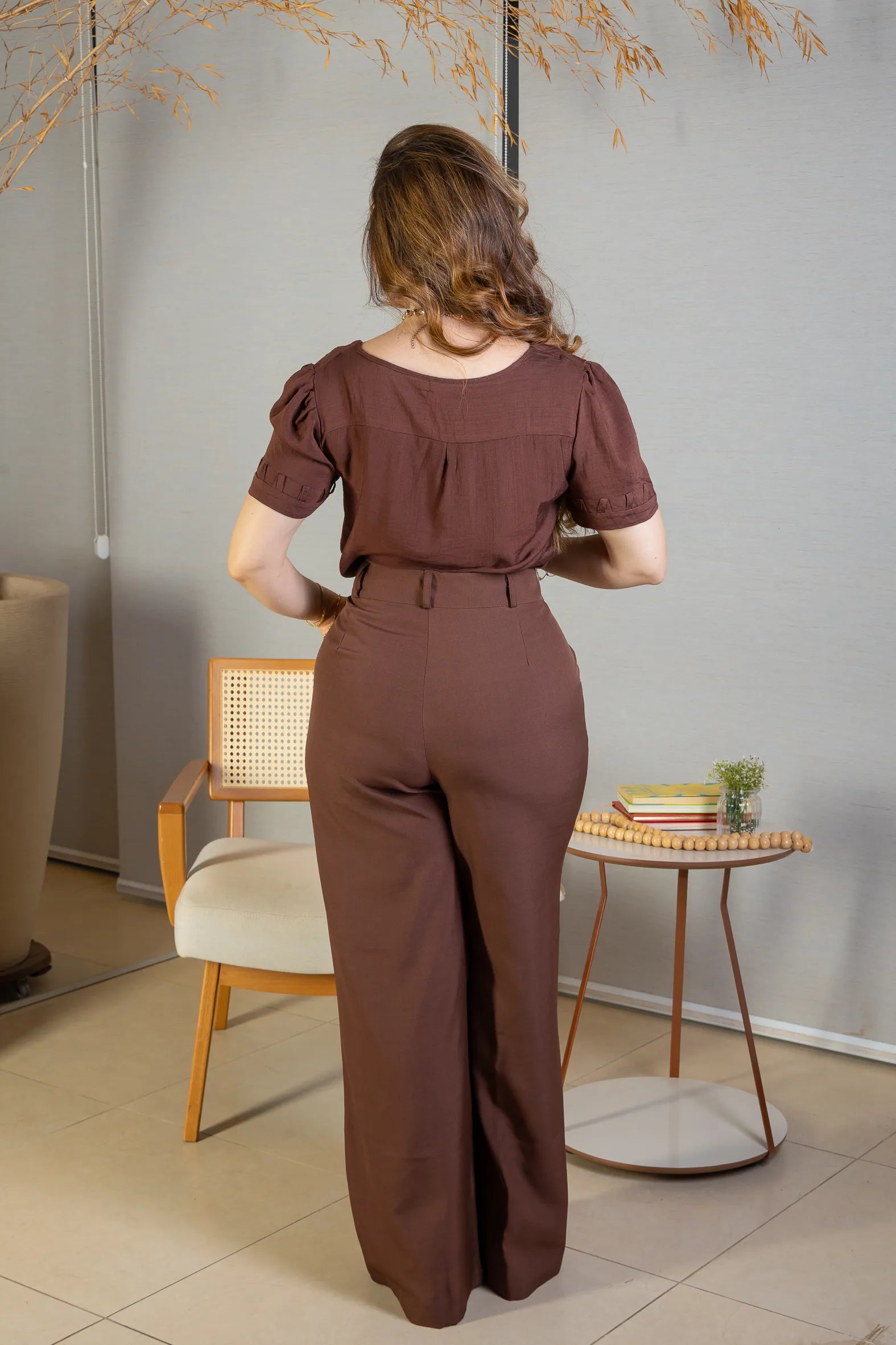 Blusa Manga Curta Decote "V" Visco Nature Gal Costa Marrom