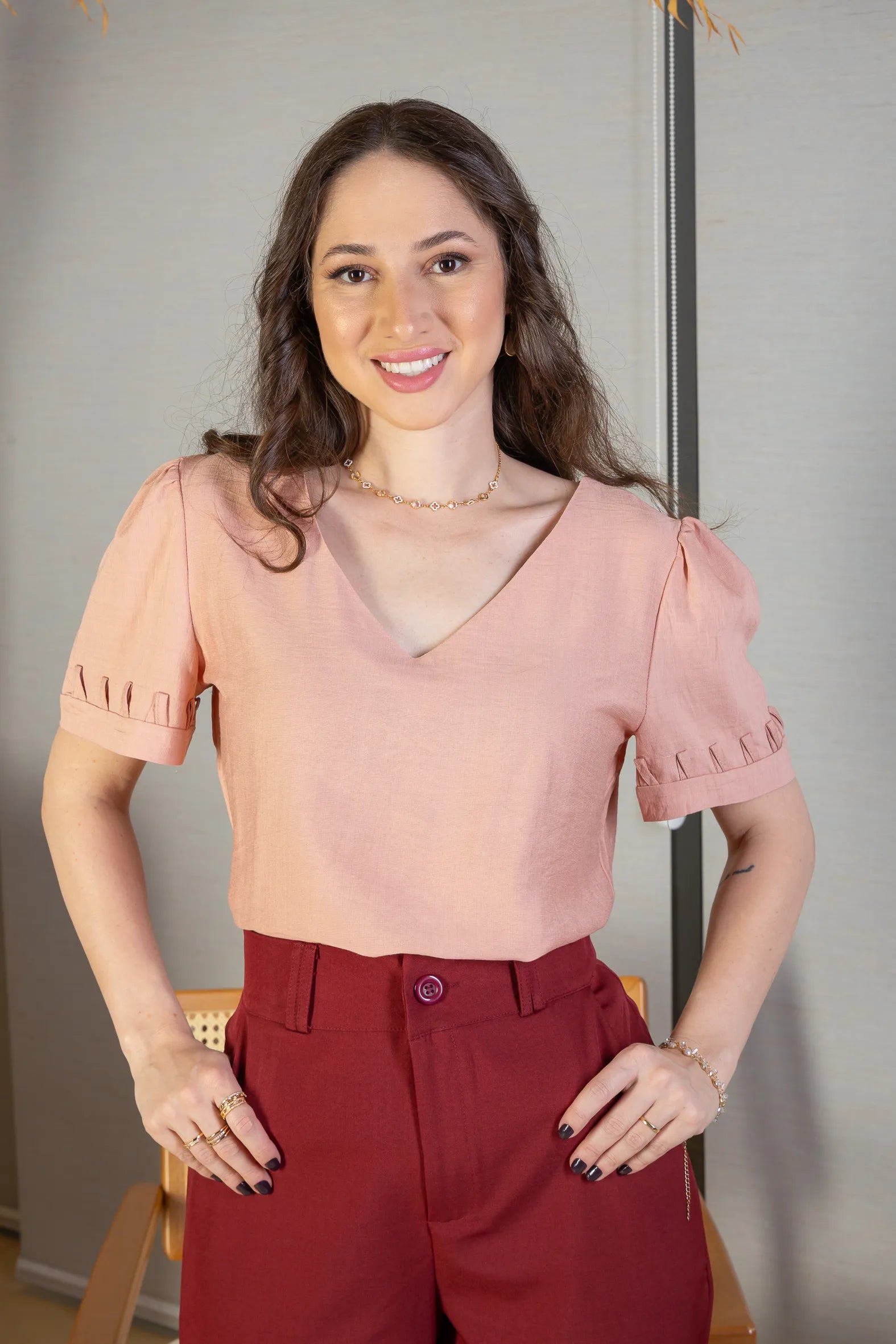 Blusa Manga Curta Decote "V" Visco Nature Gal Costa Rose