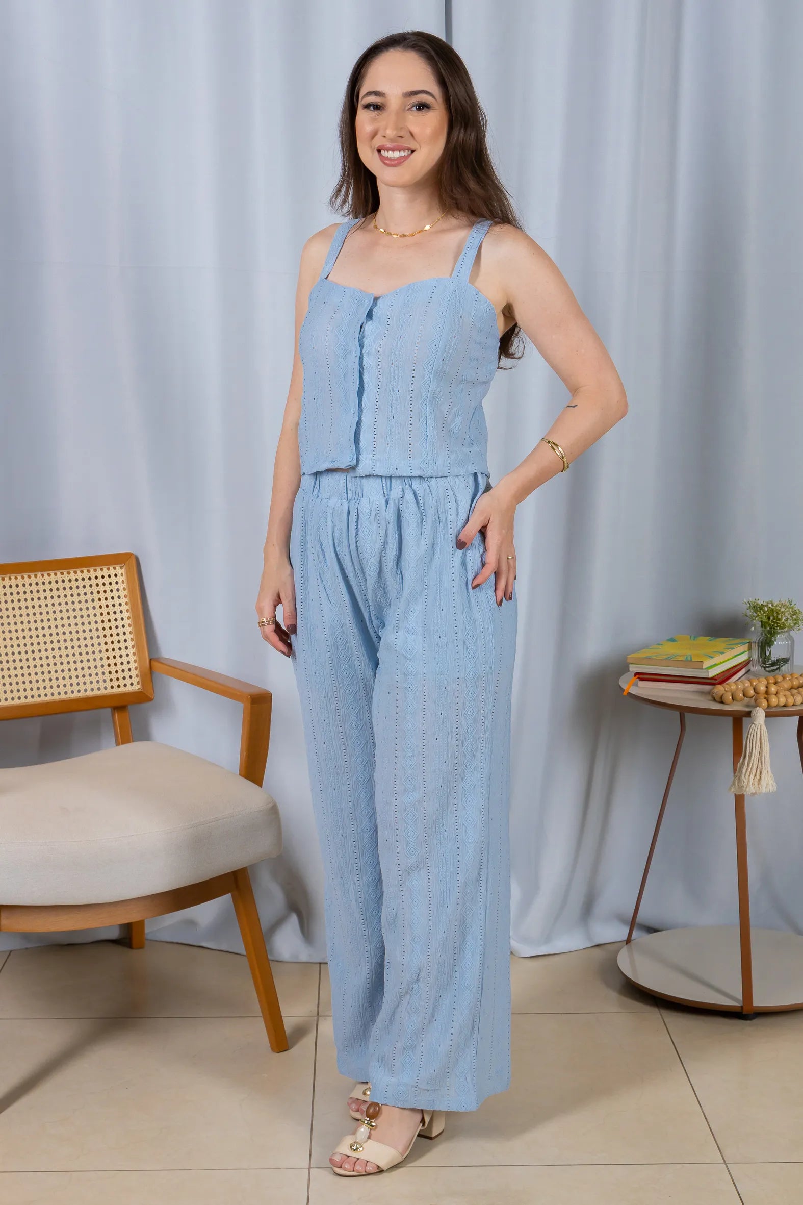 Calça Pantalona Bordado e Cós com Elástico Crepe Soft Carla Azul