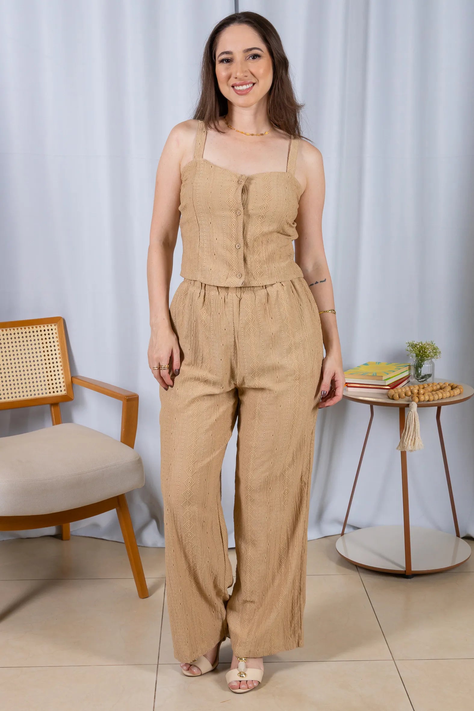 Calça Pantalona Bordado e Cós com Elástico Cepe Soft Carla Bege