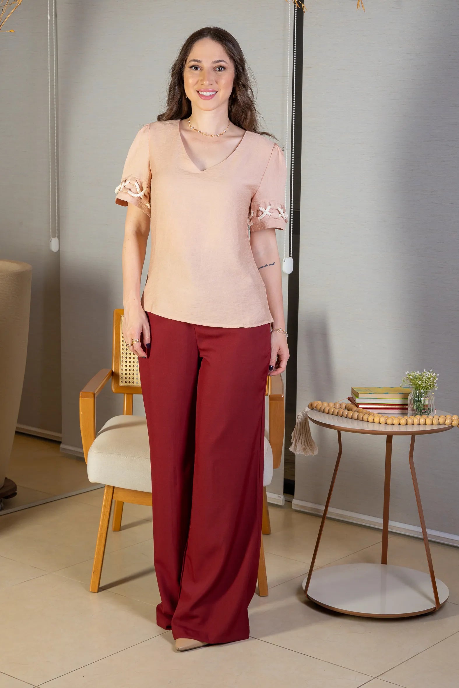 Blusa Manga Curta Detalhe Trançado Visco Nature Dira Paes Rose