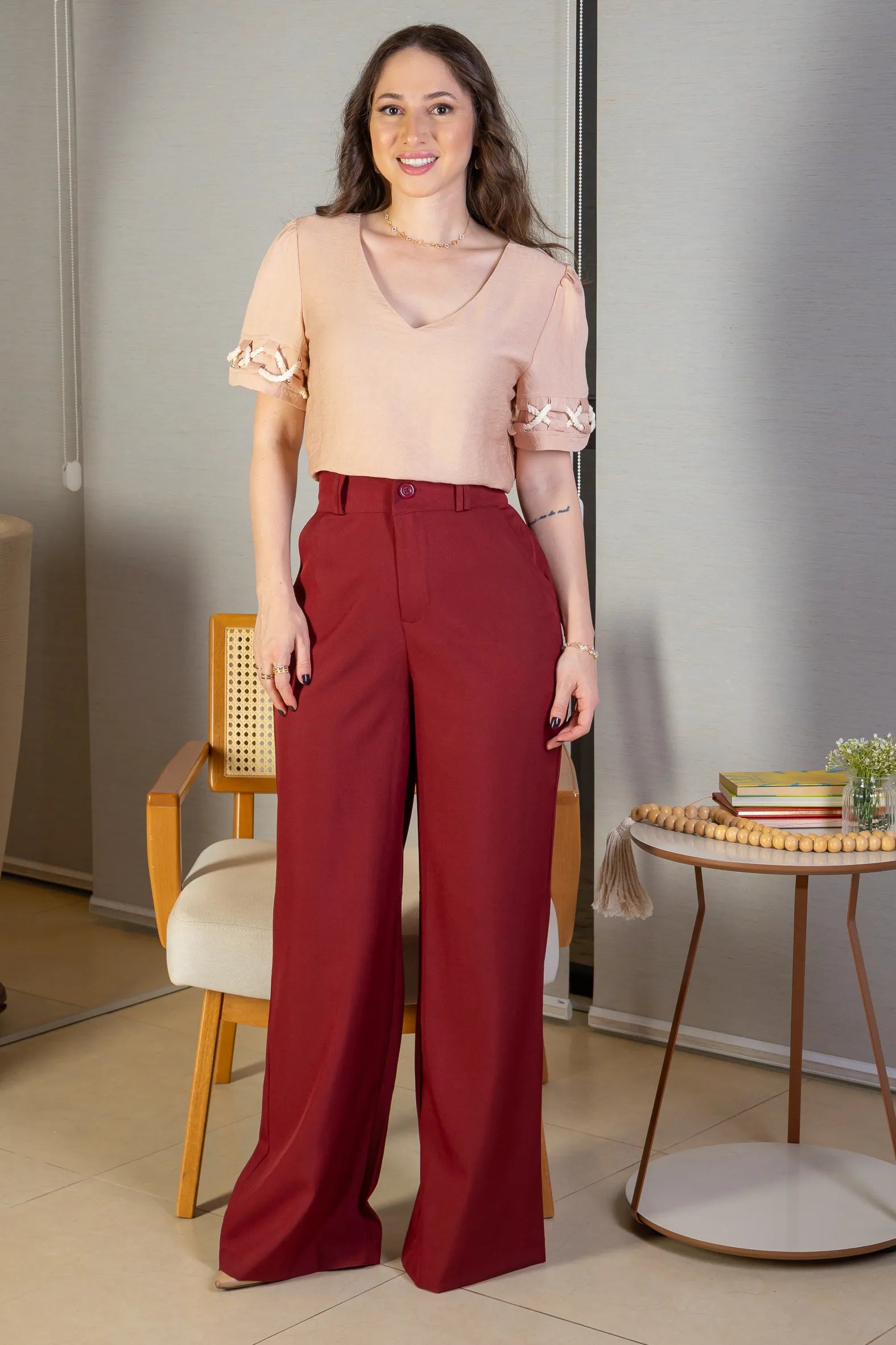 Blusa Manga Curta Detalhe Trançado Visco Nature Dira Paes Rose